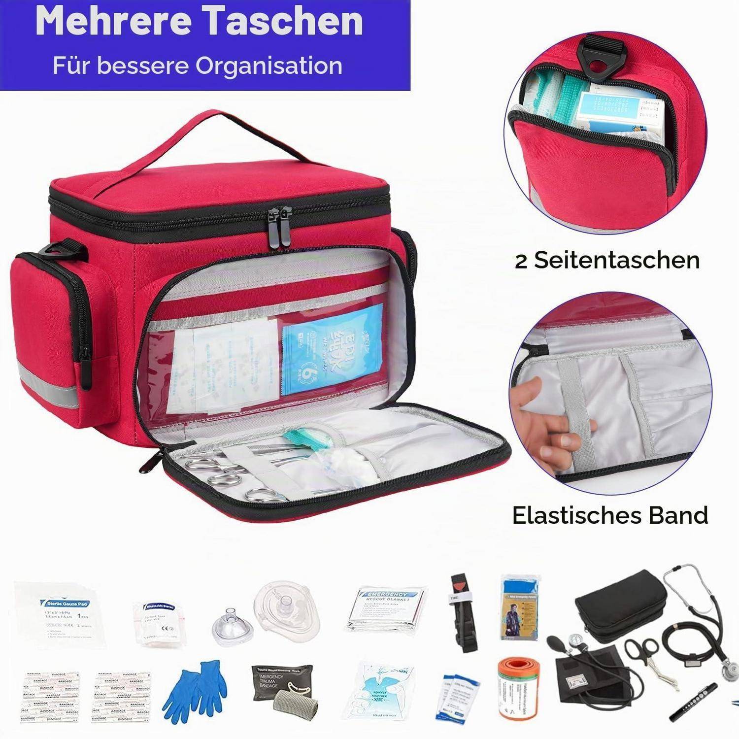 Rote Erste-Hilfe-Organizer-Tasche mit mehreren Fächern, Seitentaschen und Gummibändern, gezeigt mit medizinischen Versorgungsmaterialien und deutschen Beschriftungen „Mehrere Taschen", „2 Seitentaschen"" und „Elastisches Band"".