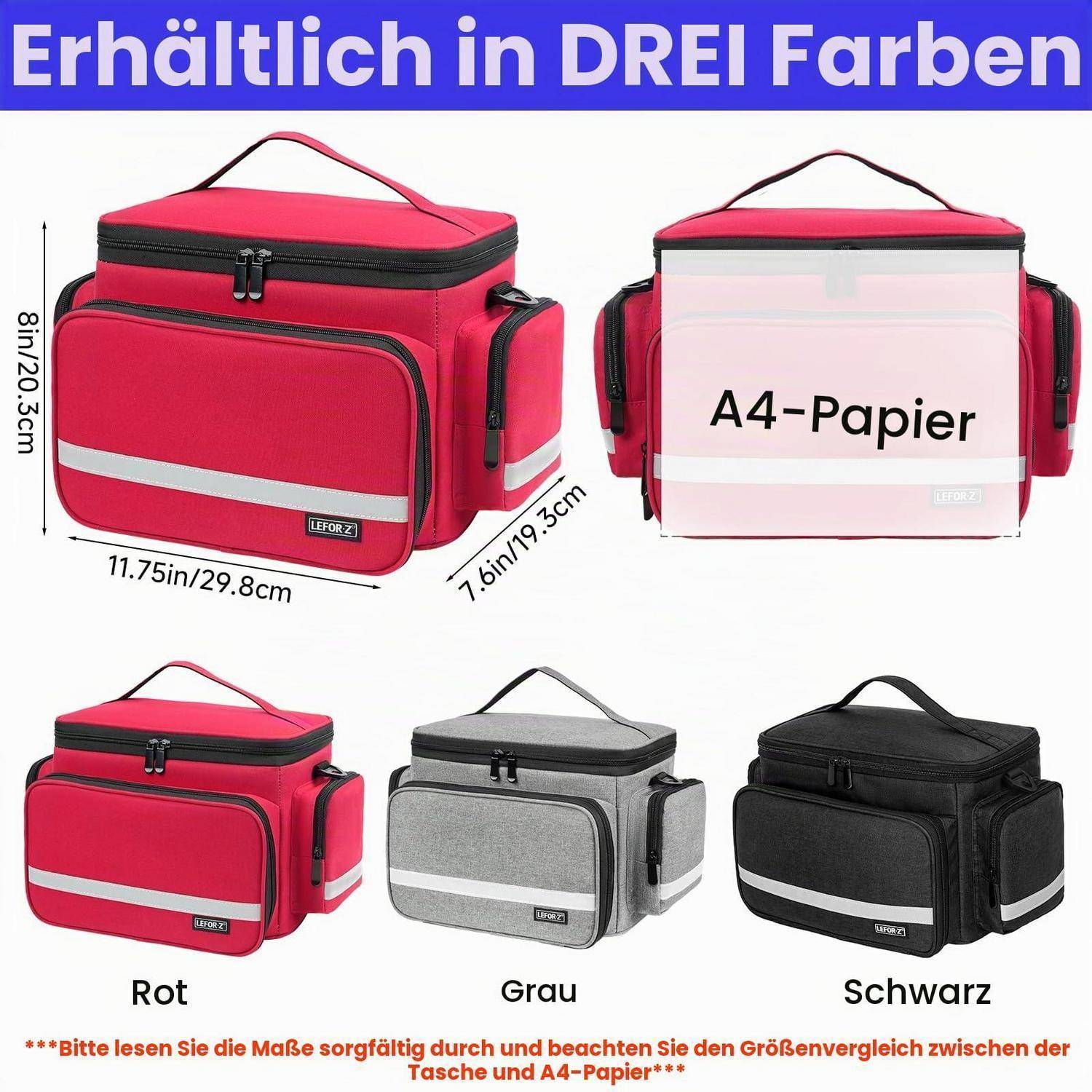 Produktbild einer isolierten A4-Dokumententasche in drei Farben: Rot, Grau und Schwarz, mit Abmessungen von 29,8 x 20,3 x 19,3 cm und Platz für A4-Papier.