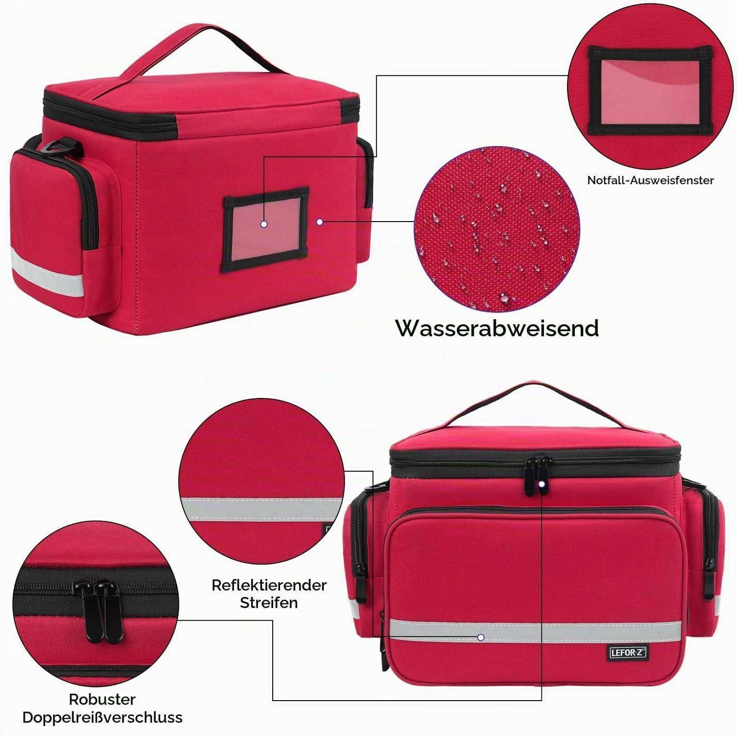 Rote isolierte medizinische Tasche mit Griff, reflektierendem Streifen, wasserabweisendem Stoff und robustem Doppelreißverschluss, gezeigt mit deutschen Funktionsbezeichnungen.