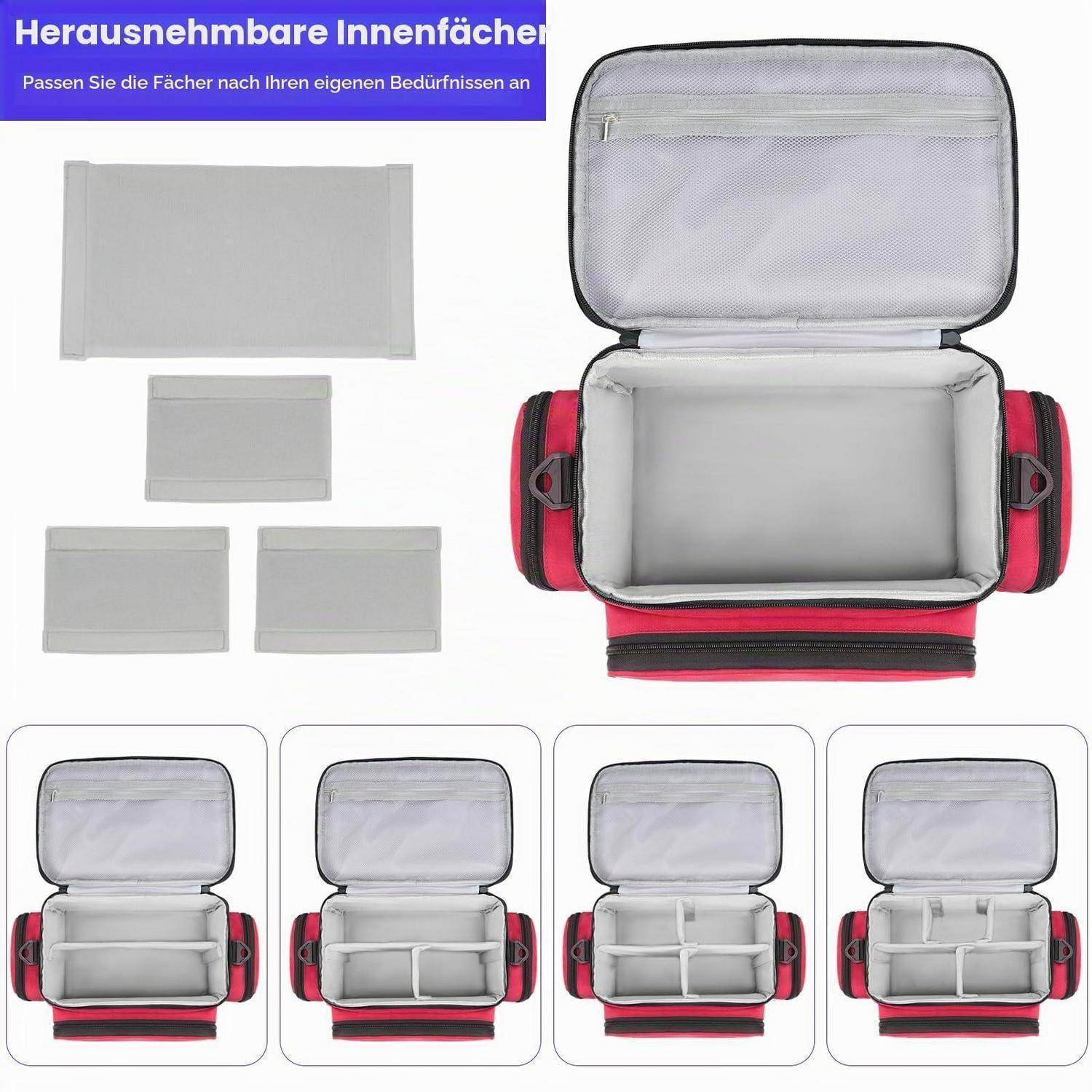 Verstellbare isolierte Tasche mit abnehmbaren Innenteilern; zeigt offene Tasche, Teilerteile und vier Layoutbeispiele.