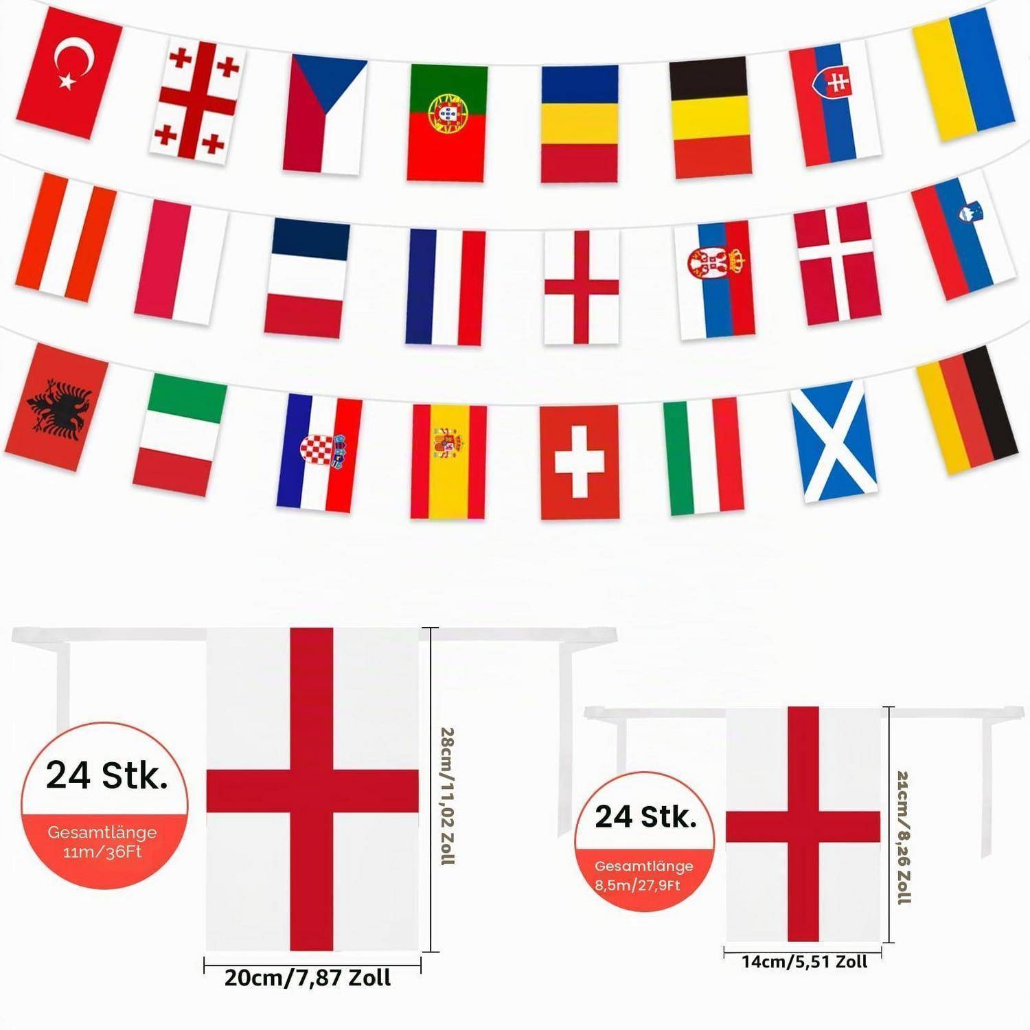 Produktgrafik mit 24 nationalen Flaggen und zwei wandmontierten Fahnenstangen mit England-Flaggen, beschriftet mit „24 Stk." und Größen 20 cm/7,87 Zoll und 14 cm/5,51 Zoll.