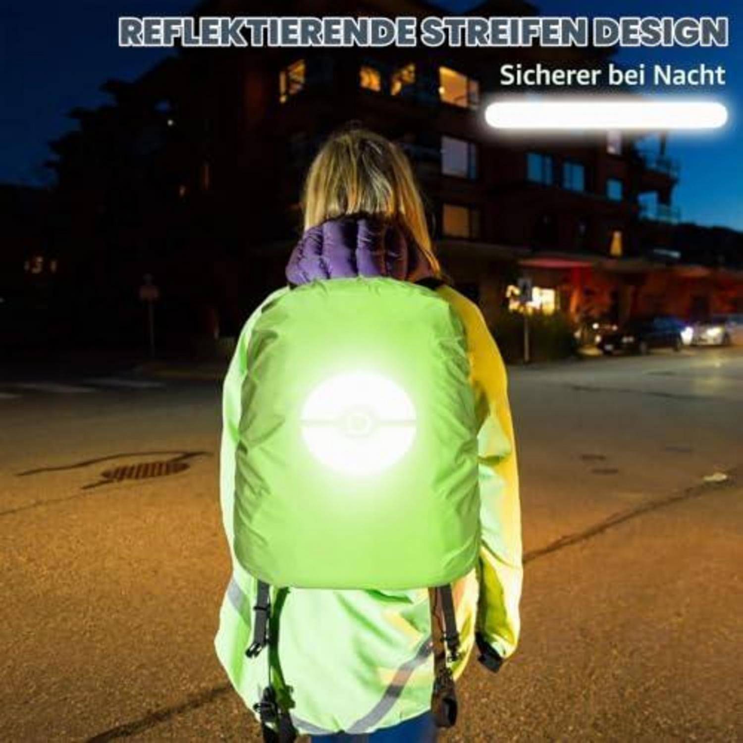 Person, die nachts einen reflektierenden Rucksack und eine reflektierende Jacke trägt, mit deutschem Text „Reflektierende Streifen Design" und „Sicherer bei Nacht"", die die Sichtbarkeit in der Nacht hervorhebt.