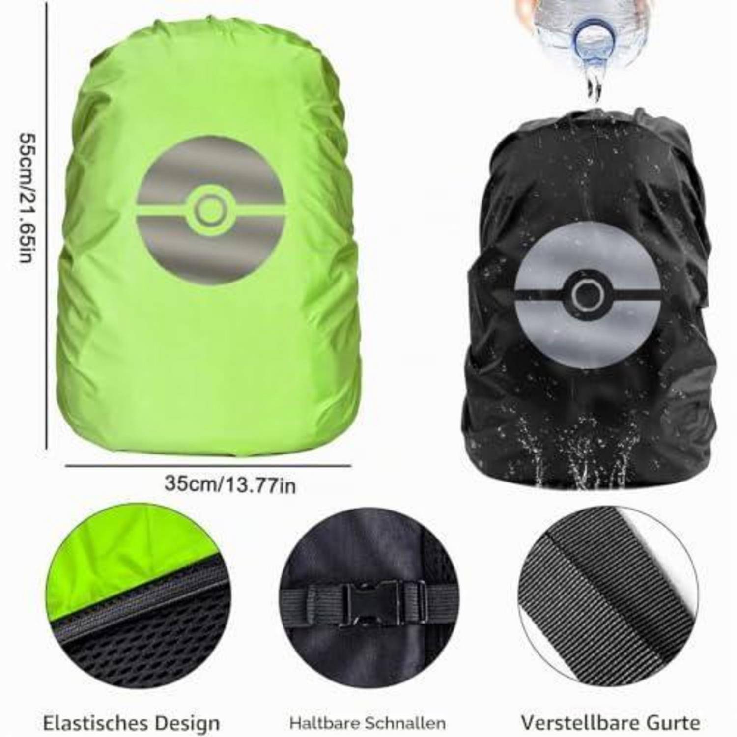 Produktbild einer wasserdichten Rucksackhülle, gezeigt in Grün und Schwarz, mit Abmessungen von 55 cm x 35 cm und Detailaufnahmen des Reißverschlusses, der Schnalle und des verstellbaren Riemens.