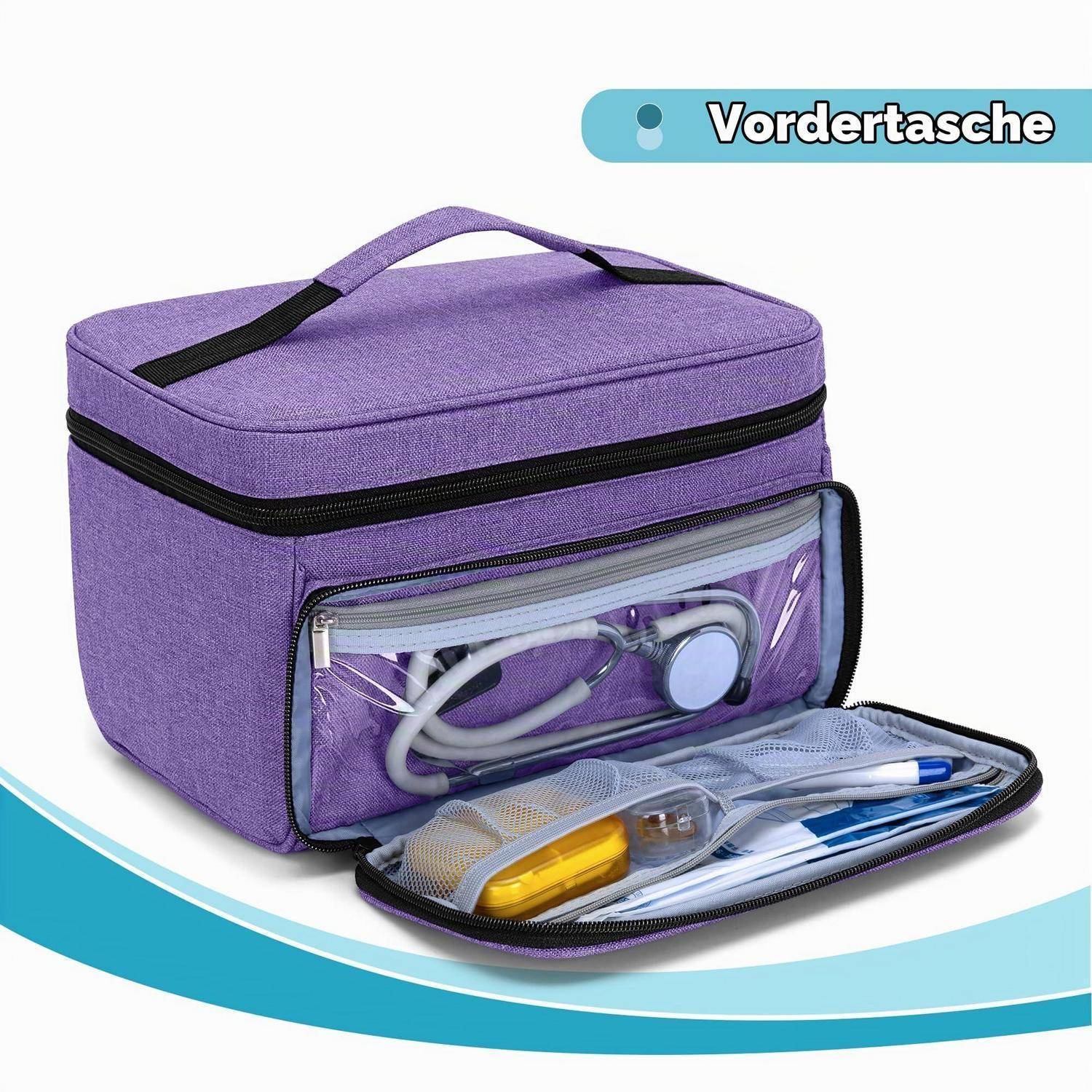 Violette Organizer-Tasche für medizinische Ausrüstung mit Reißverschluss, Griff und transparenter Vordertasche, offen zur Ansicht von Stethoskop und Erste-Hilfe-Materialien; beschriftet mit „Vordertasche".