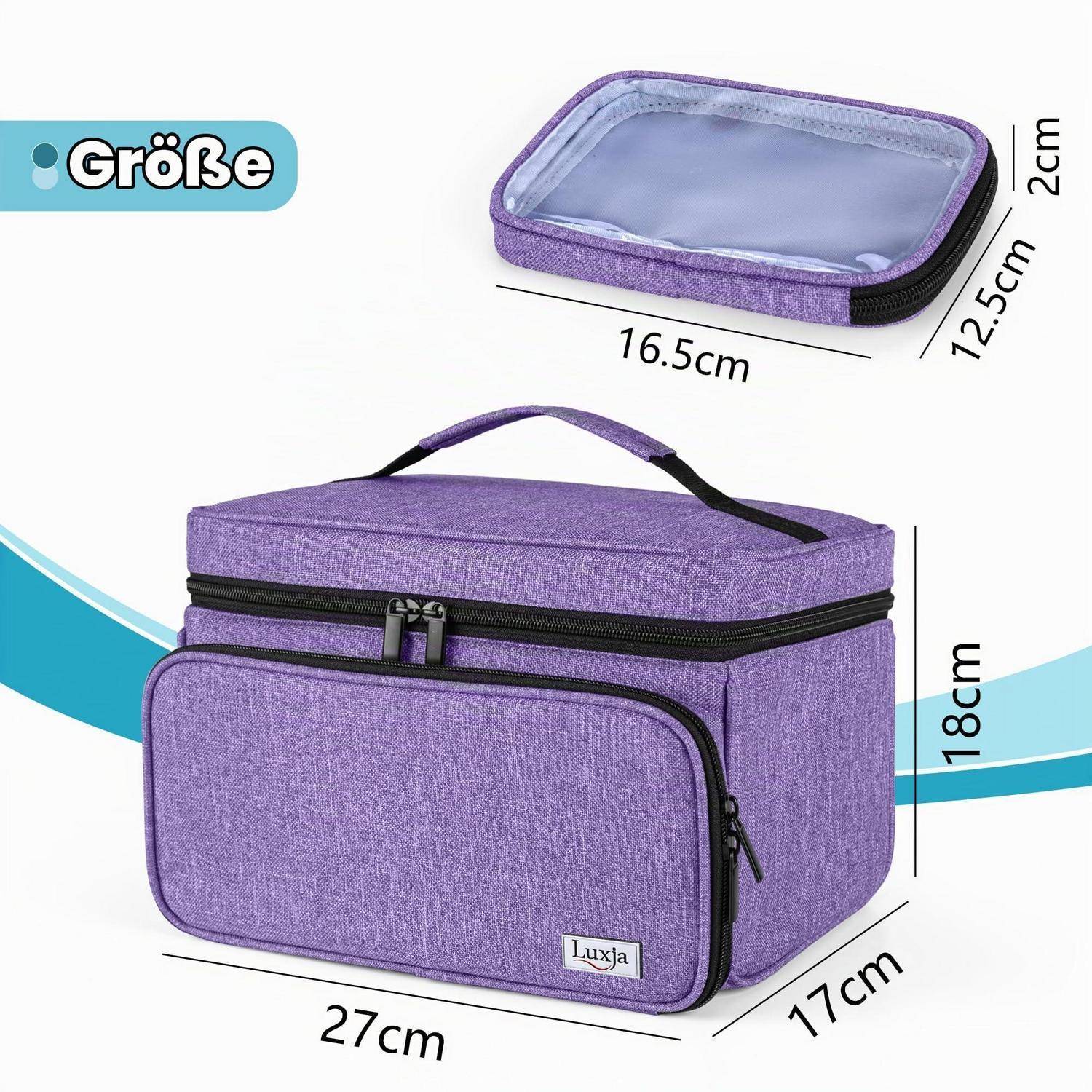 Lila isolierte Lunch-Tasche mit Griff und Vordertasche, gezeigt mit Abmessungen von 27 cm mal 17 cm mal 18 cm und inneres Tablett von 16,5 cm mal 12,5 cm mal 2 cm.