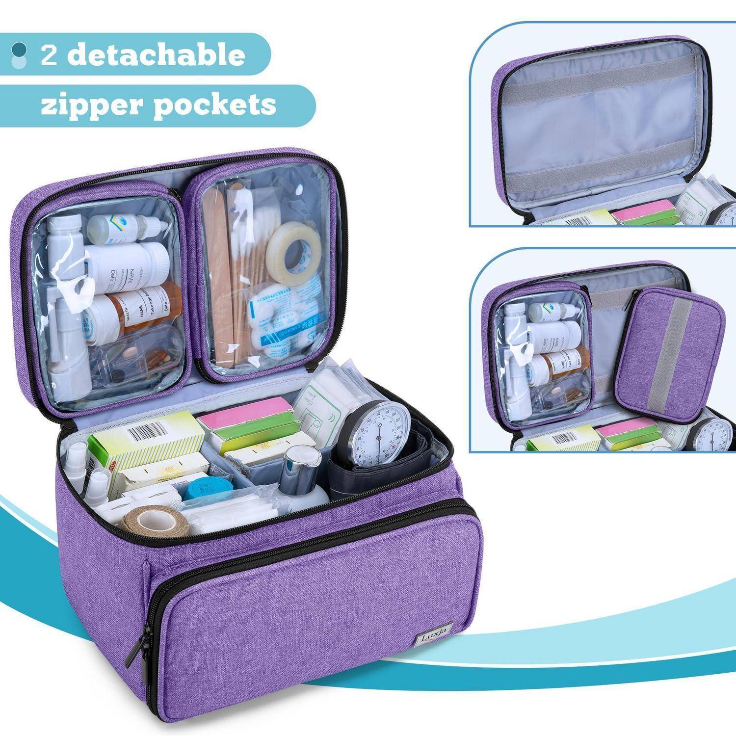 Violette Reise-Toilettentasche mit zwei abnehmbaren Reißverschlusstaschen, geöffnet dargestellt mit organisierten Flaschen und Zubehör, sowie Detailaufnahmen der abgelösten und leeren Taschen.