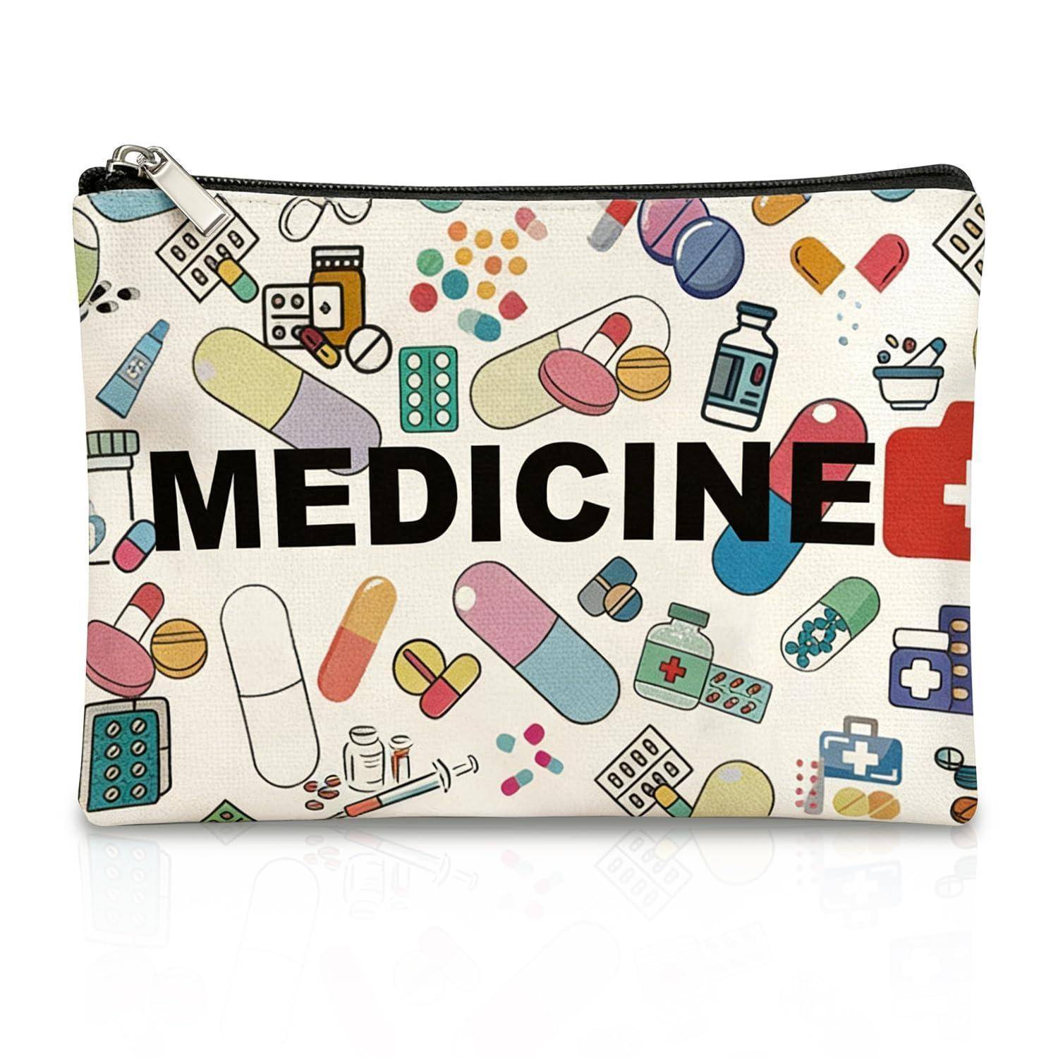 Weiße Reißverschlusstasche mit bunten medizinthematischen Doodles und dem Wort „MEDICINE