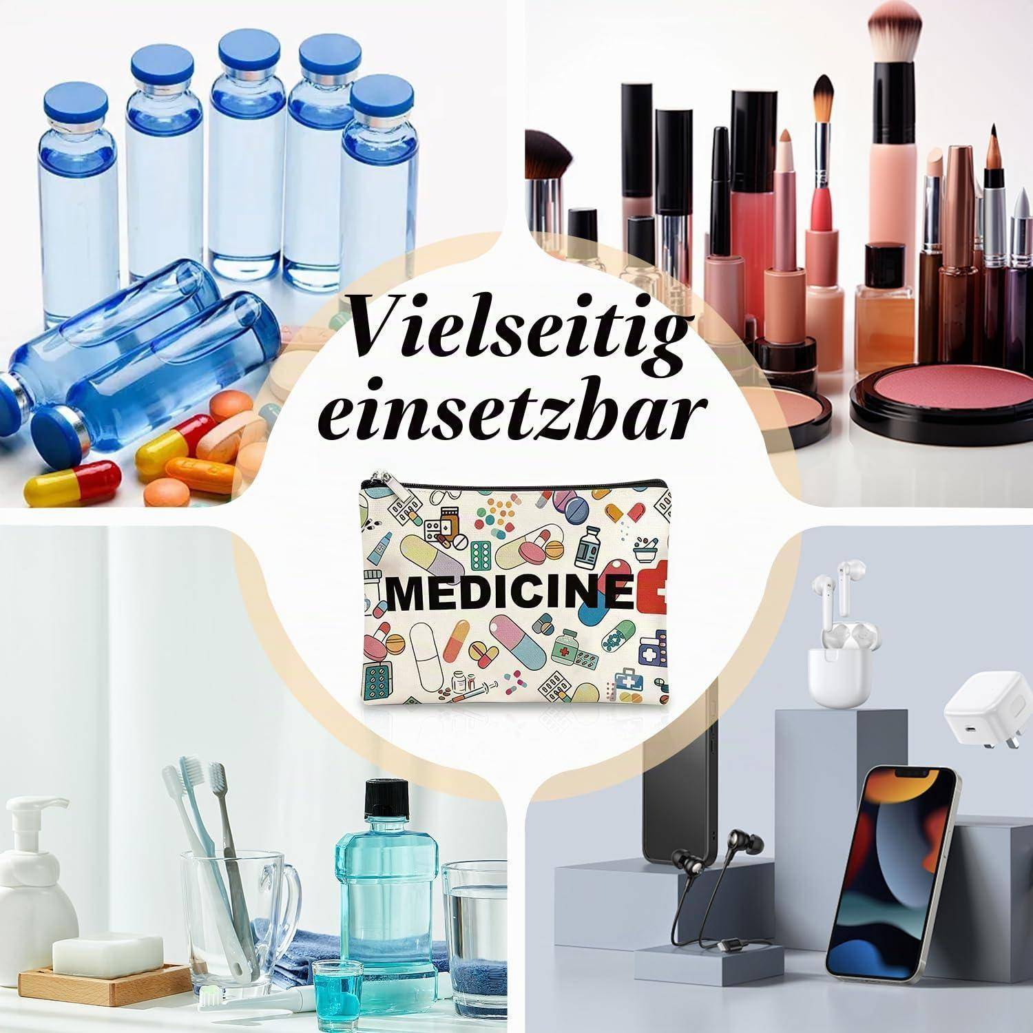 Collage aus wiederverwendbaren Kosmetik- und Medizinencontainern, Toilettenartikeln, Make-up-Pinseln und einer „MEDICINE"-Tasche mit dem deutschen Text „Vielseitig einsetzbar"", was vielseitige Verwendung bedeutet.