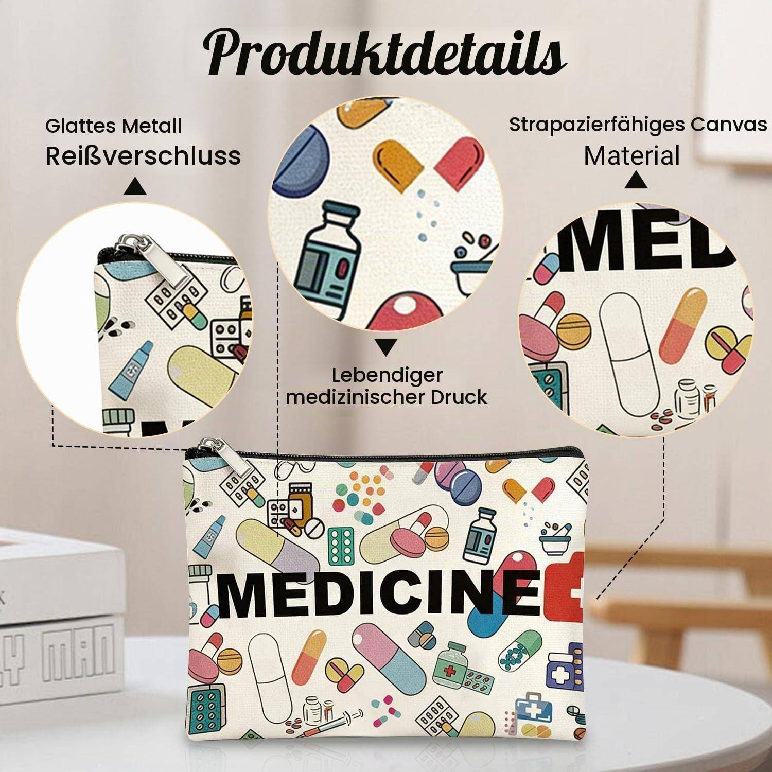 Deutsches Produktdetail-Grafik, die eine medizinisch angehauchte Tasche aus Segeltuch mit glatterem Metallreißverschluss und farbenfrohem medizinischem Druck zeigt.