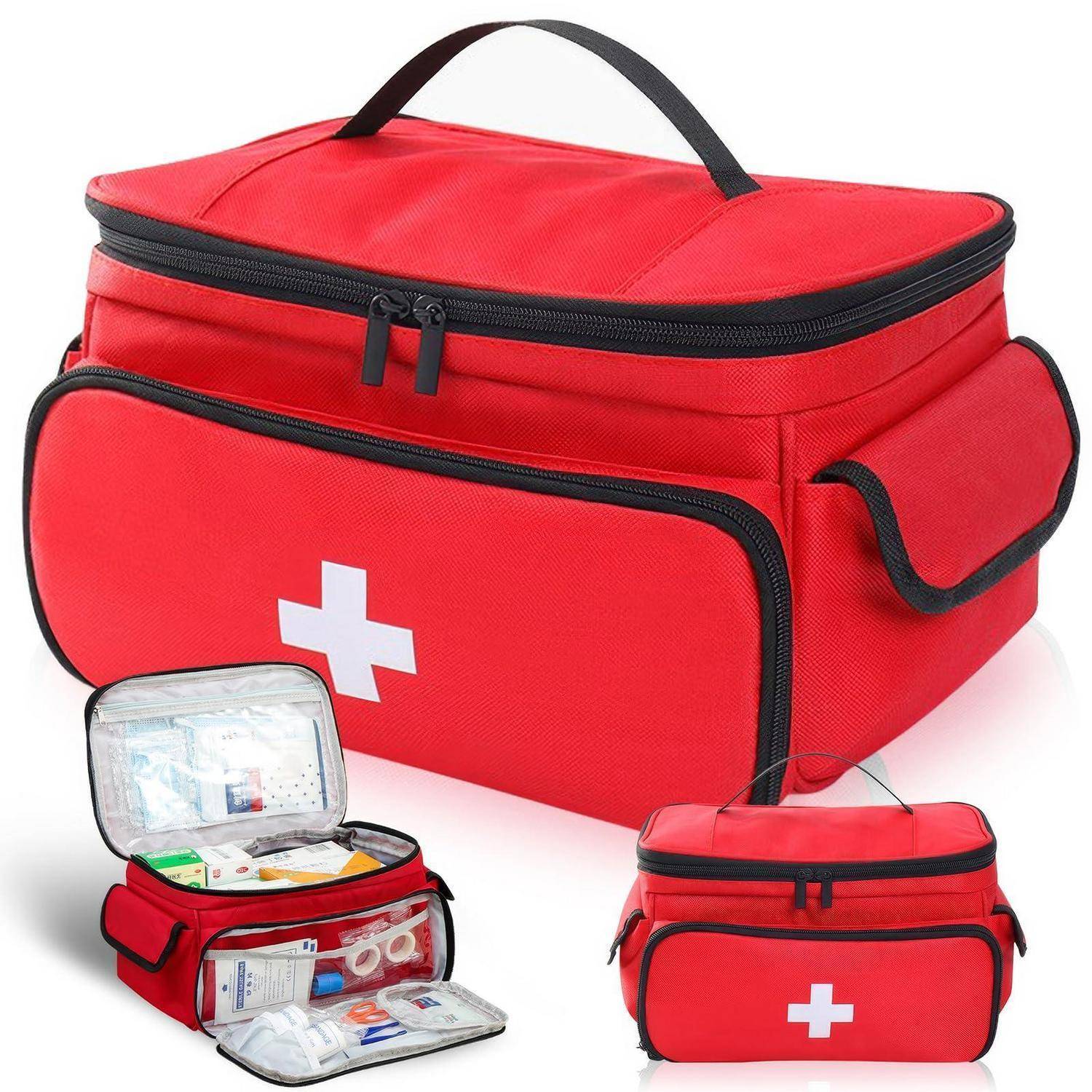 Rote Erste-Hilfe-Tasche mit weißem Kreuz, geschlossen und geöffnet gezeigt mit sichtbaren medizinischen Materialien.