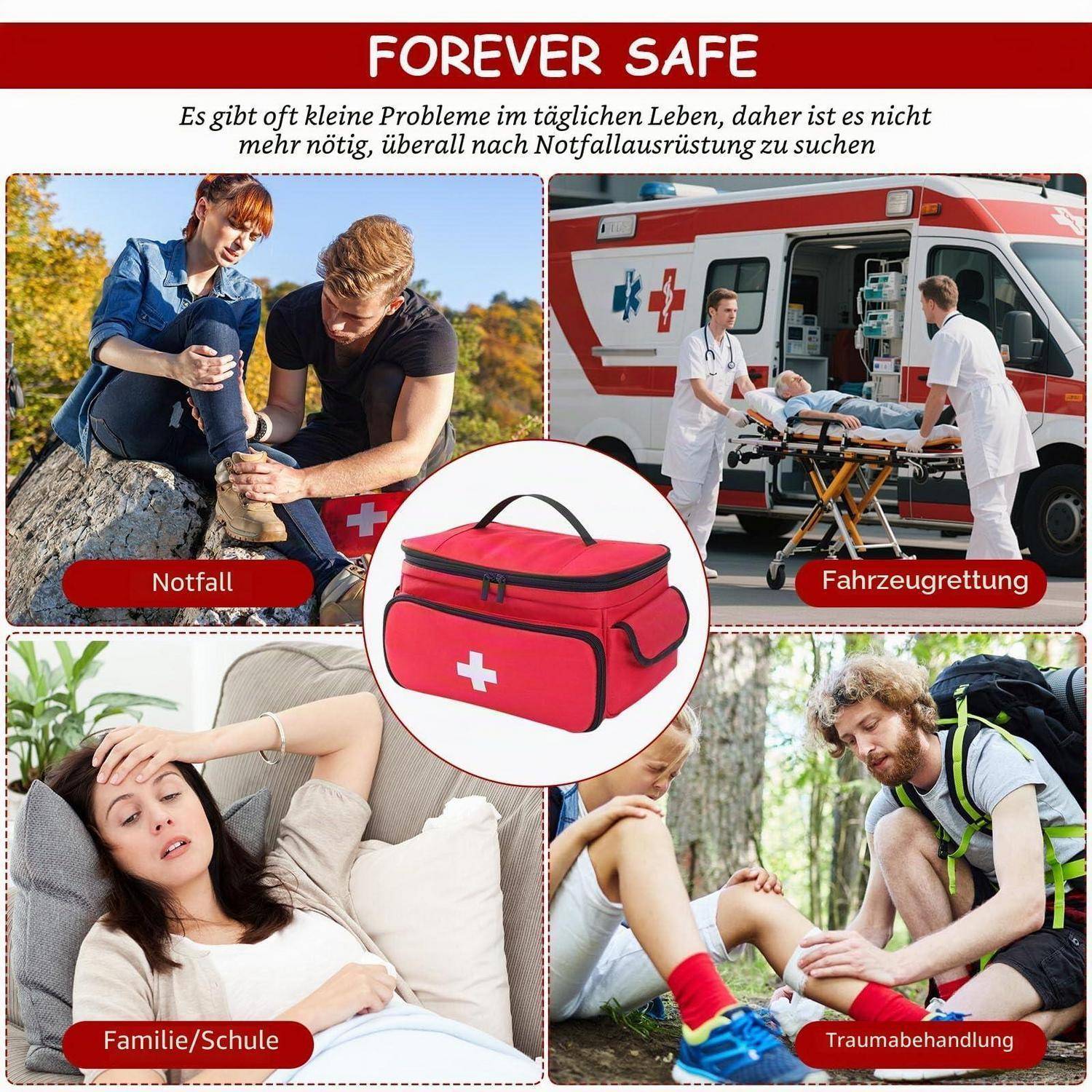 Infografik mit dem Titel "FOREVER SAFE"" zeigt eine rote Erste-Hilfe-Tasche für Notfälle, Fahrzeugrettung, Verletzungen in Familie/Schule und Traumabehandlung.