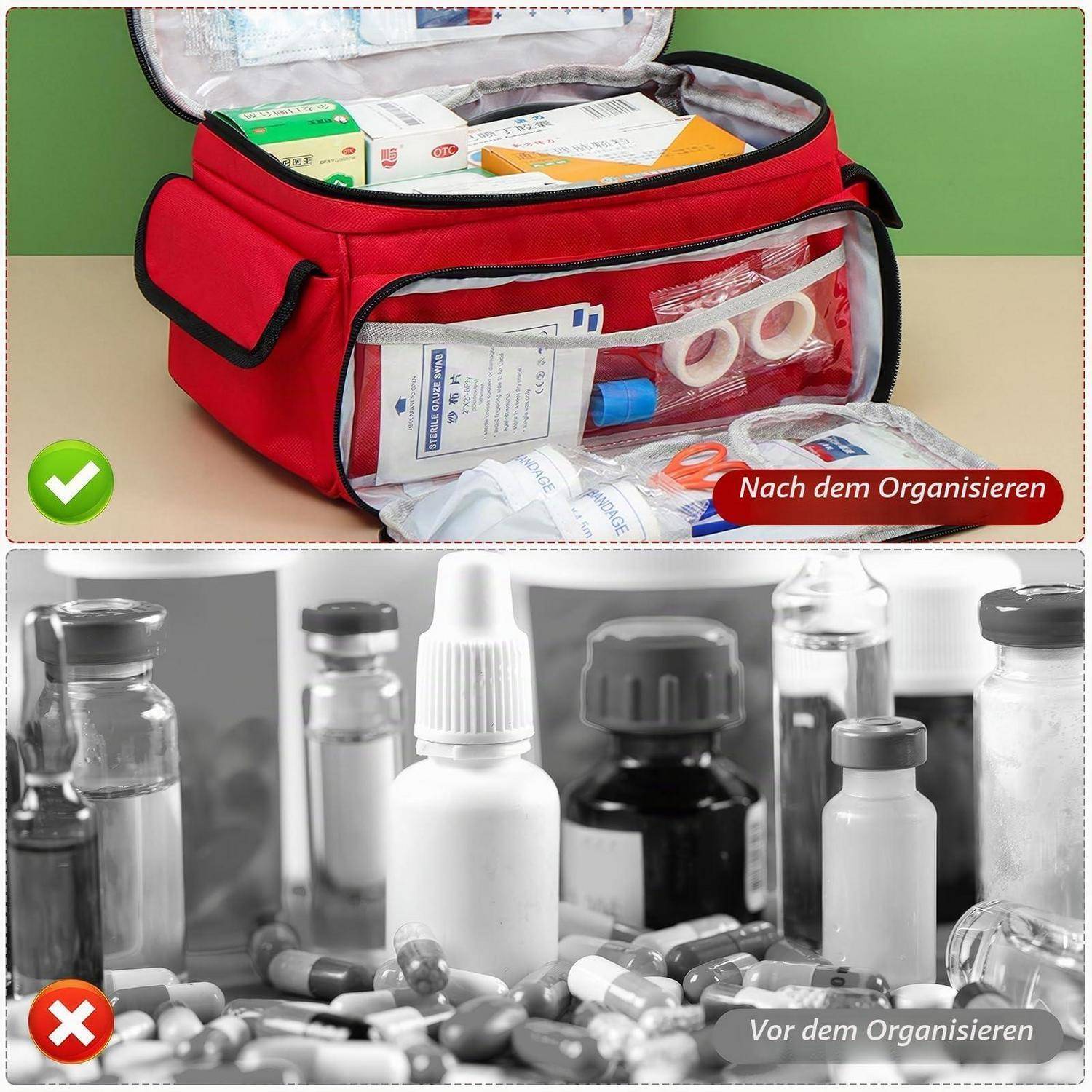 Vergleich einer medizinischen Tasche vor und nach der Organisation: oben zeigt sich ein ordentlich sortiertes Erste-Hilfe-Set, unten sind verstreute Medikamentenflaschen und Tabletten zu sehen.