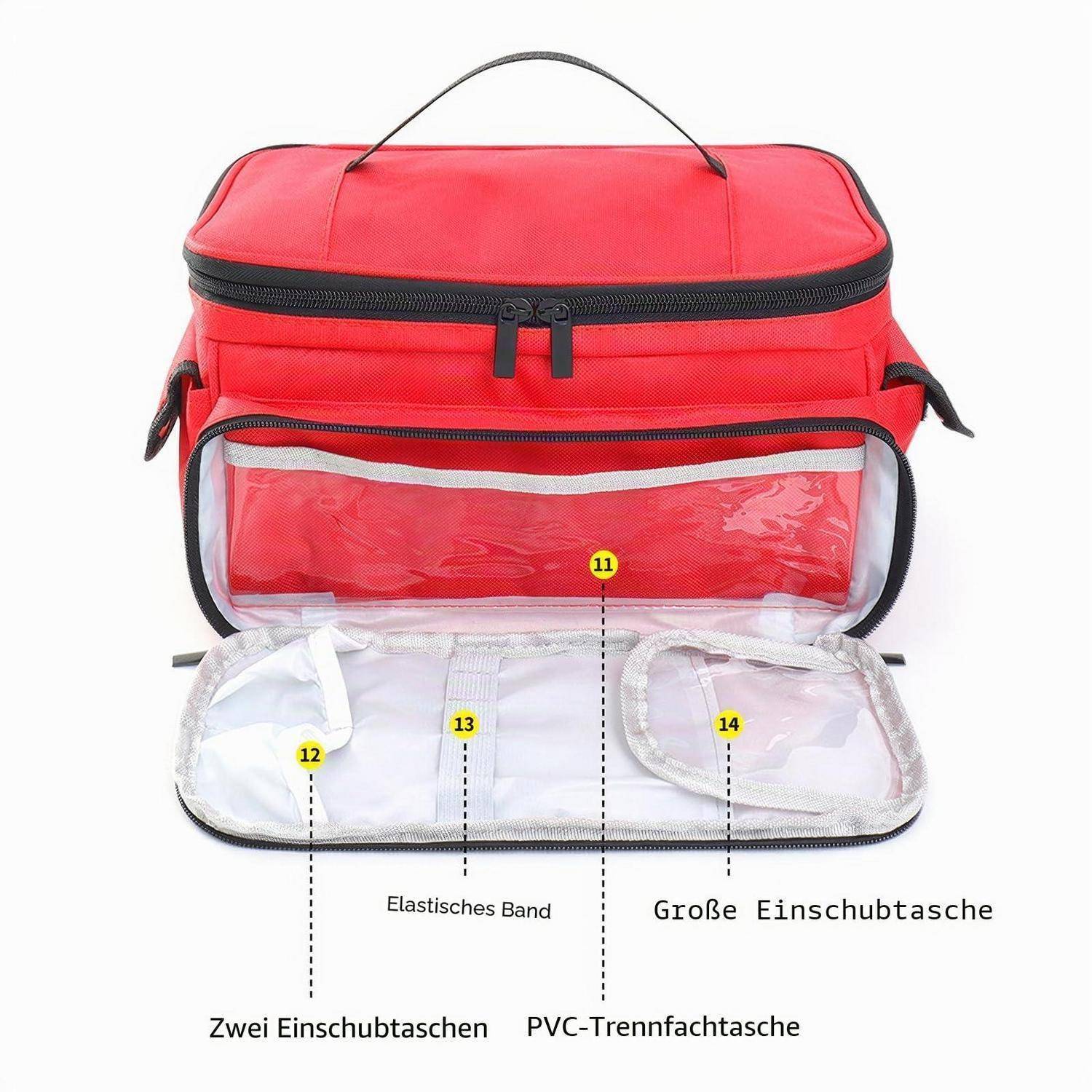 Rote medizinische Kühlertasche mit Obengriffen und offener Vorderseite, die durchsichtige innere Fächer zeigt, die auf Deutsch beschriftet sind: zwei Schlitztaschen, Gummiband und PVC-Trennertasche.