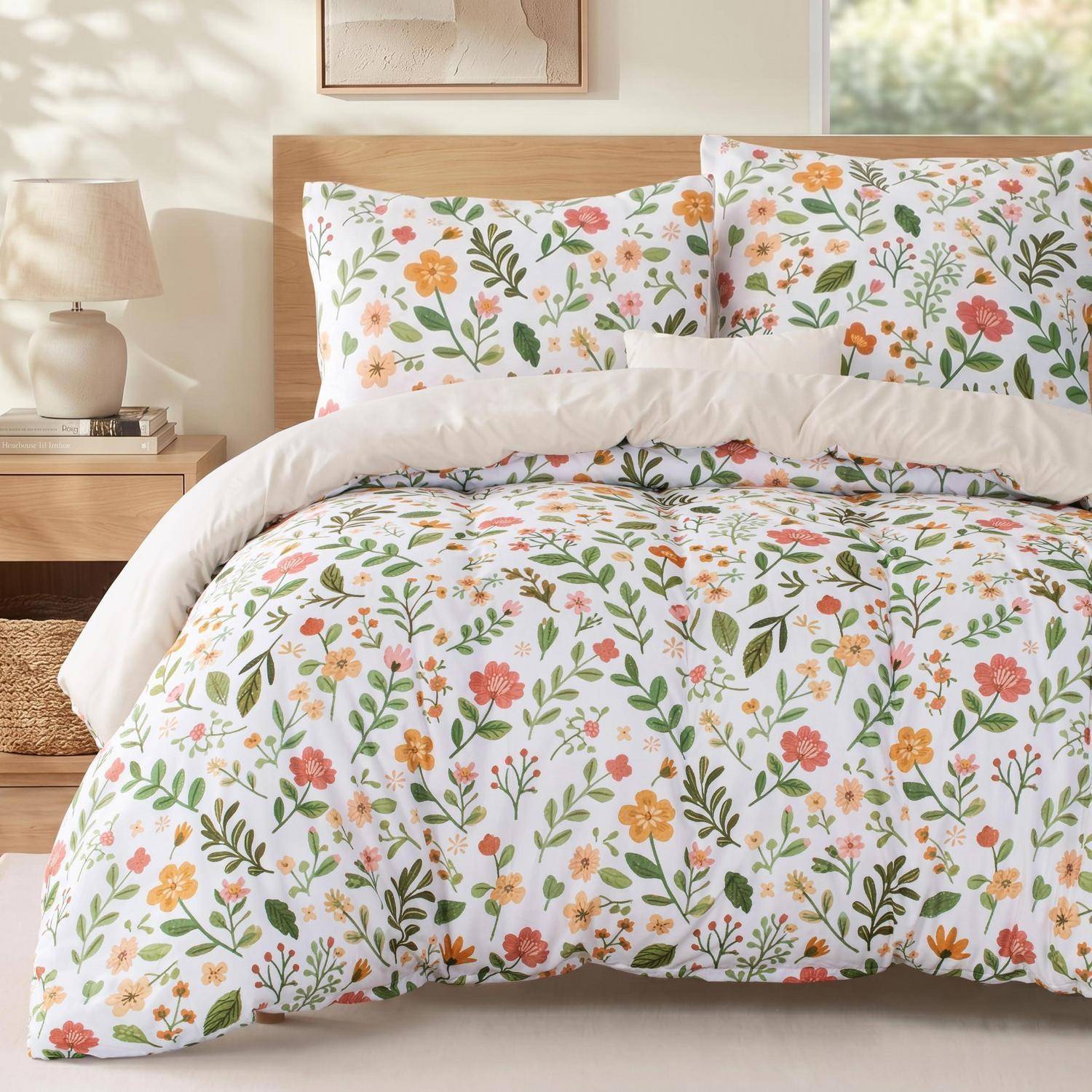 Blumenbettwäsche-Set auf einem ordentlich gemachten Bett mit weißem Hintergrund und orangefarbenem, rosa und grünem botanischen Muster in einem hellen Schlafzimmer.