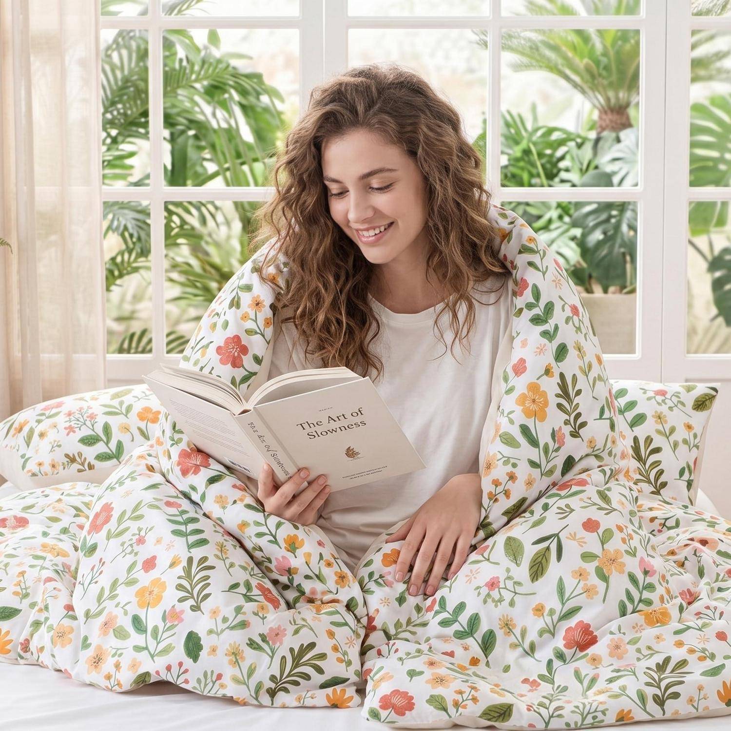 Frau sitzt im Bett und liest ein Buch, eingewickelt in eine Blumendecke, mit Sonnenlicht und Topfpflanzen neben einem Fenster.