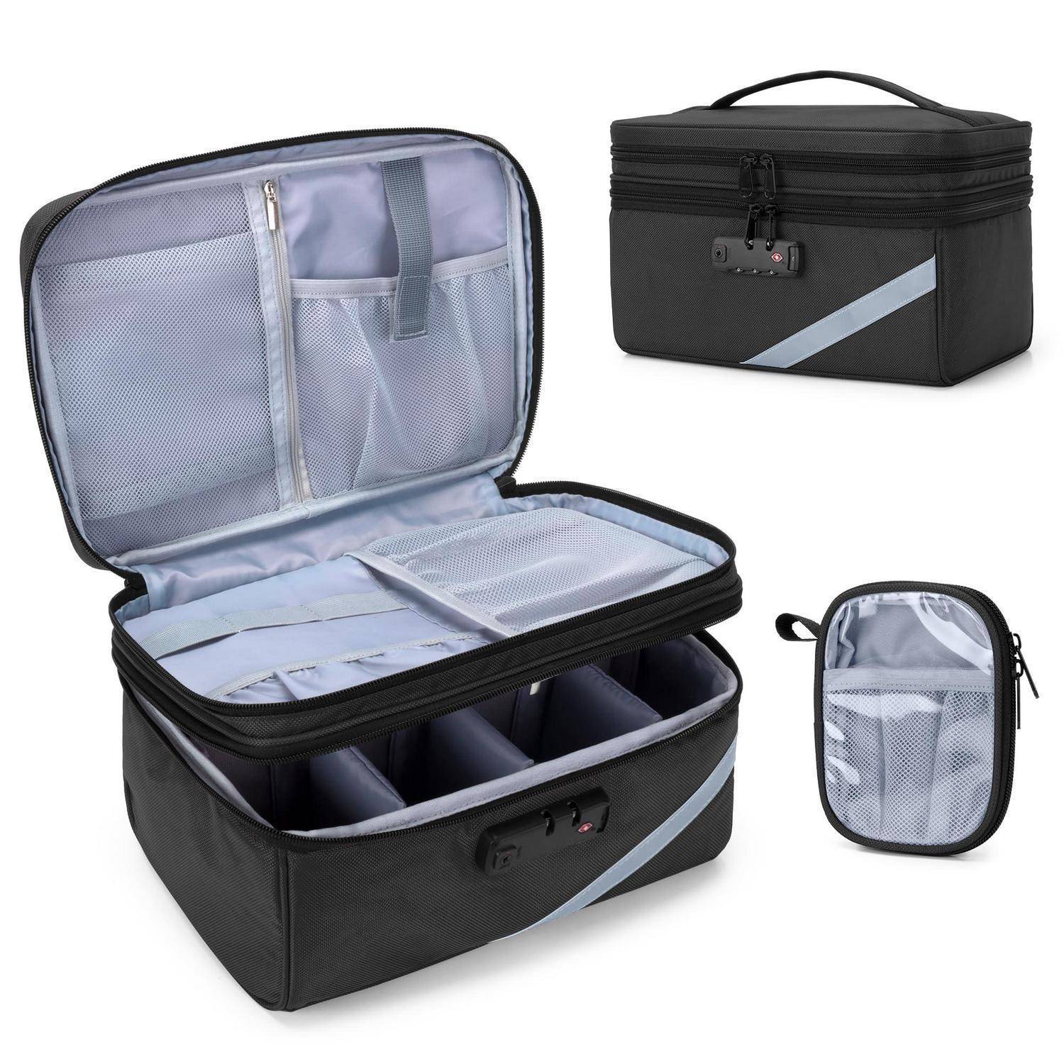 Schwarze Reiseorganizer-Tasche mit Reißverschlusdeckel, verstellbaren inneren Trennwänden und Netztaschen, shown in offener und geschlossener Form in verschiedenen Größen.