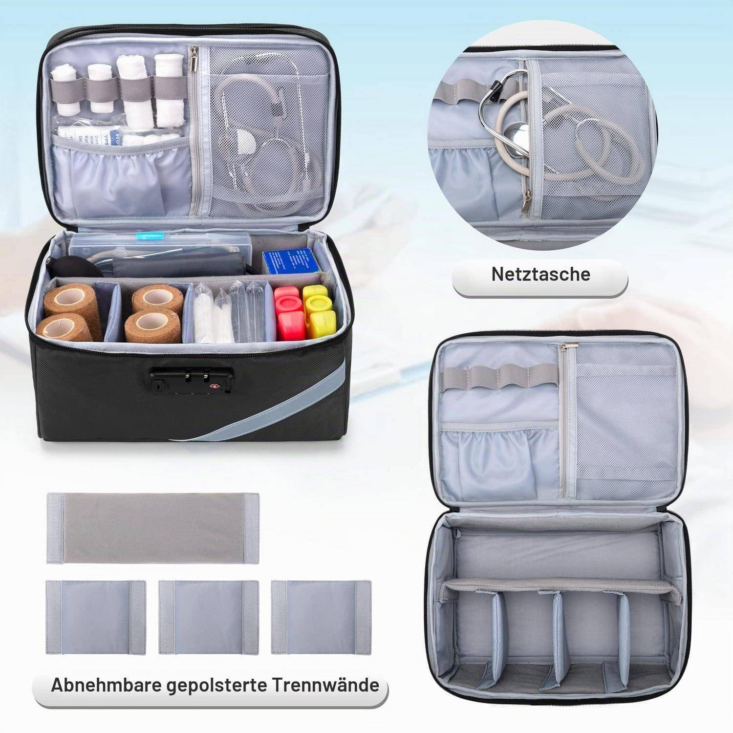 Offene Medizinische Organizer-Tasche für Versorgungsmaterialien mit abnehmbaren gepolsterten Trennwänden und Netztaschen; Beschriftungen zeigen 'Netztasche' und 'Abnehmbare gepolsterte Trennwände'.