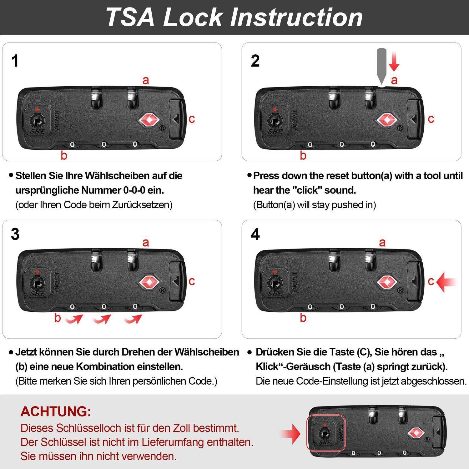 # TSA-Schloss-Anleitung Diagramm mit vier Schritten zum Einstellen einer neuen 3-stelligen Kombination durch Drücken der Zurücksetztaste, Drehen der Zifferblätter und Verriegeln zum Abschluss.