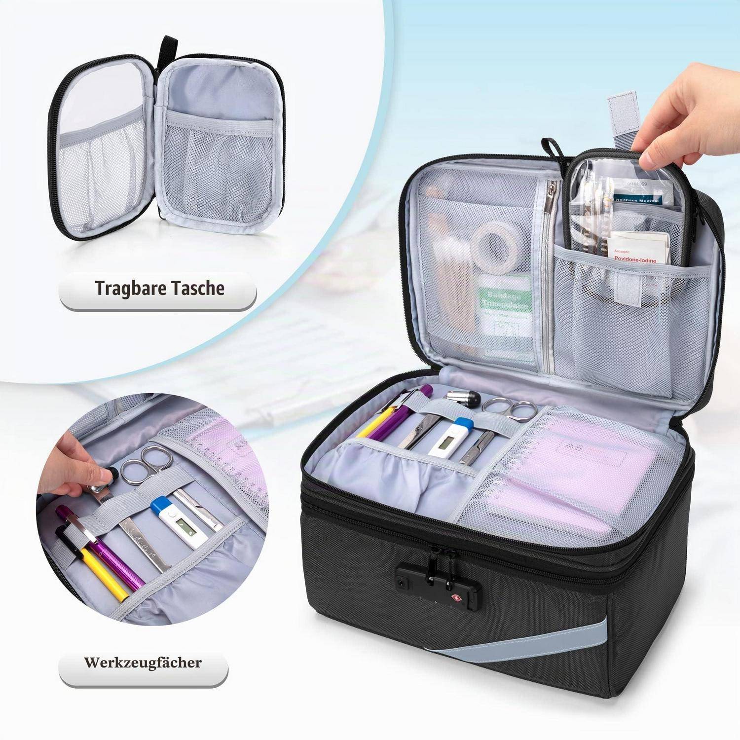 Offene schwarze Organizer-Tasche mit Reißverschluss und Netztaschen, die kleine Werkzeuge und Toilettenartikel enthält; Detailansichten zeigen „Tragbare Tasche" und „Werkzeugfächer"".