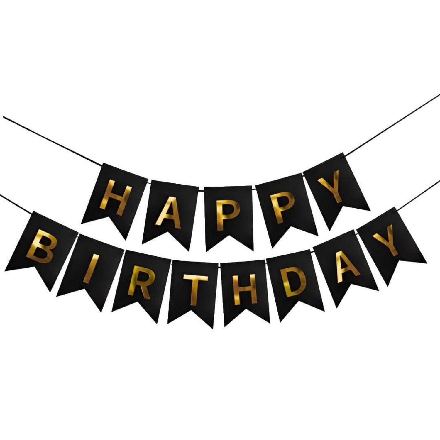 Schwarzes Wimpelbanner mit dem Text „HAPPY BIRTHDAY