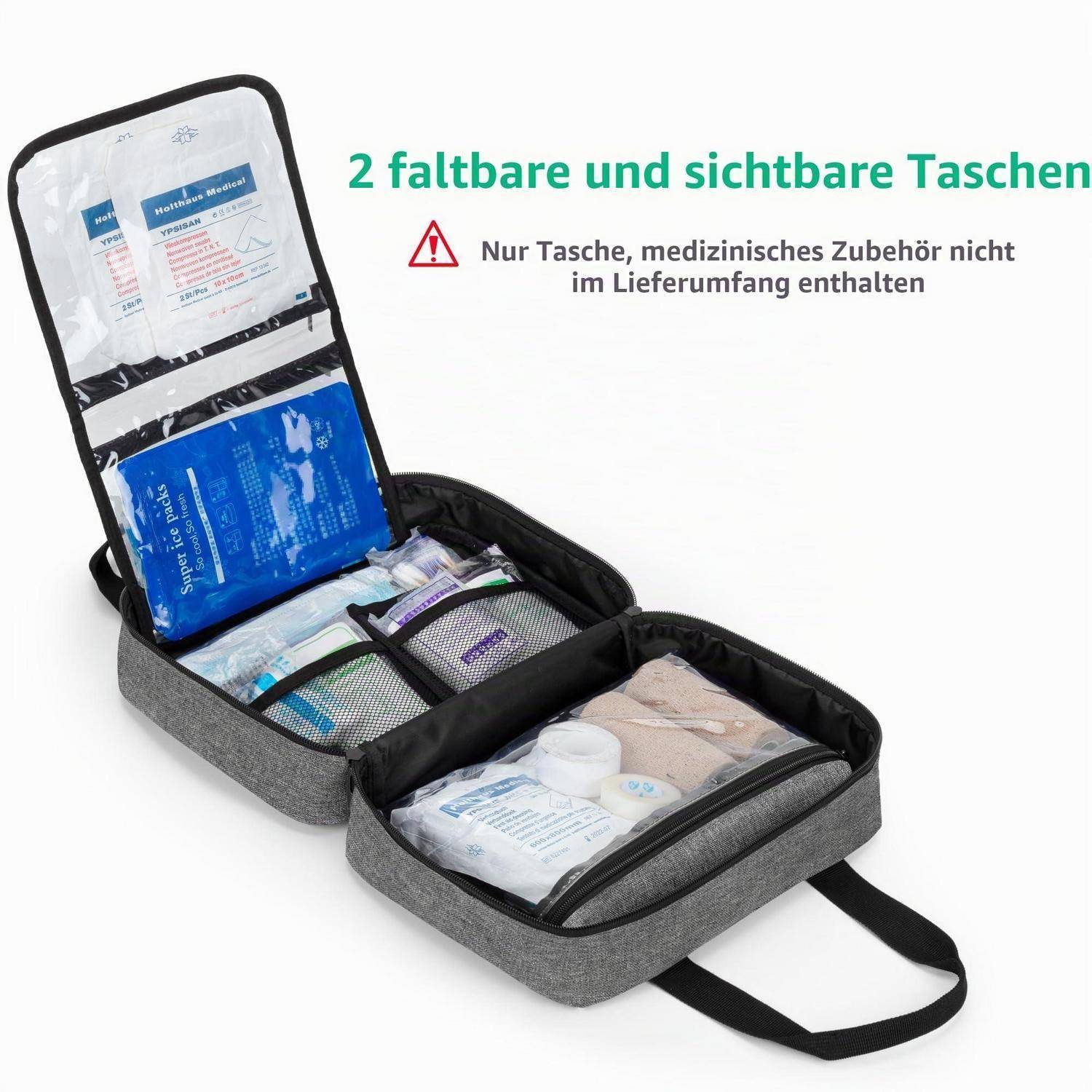 Offene graue medizinische Organizer-Tasche mit zwei faltbaren sichtbaren Fächern, gefüllt mit Erste-Hilfe-Materialien; deutscher Text besagt, dass Zubehör nicht enthalten ist.