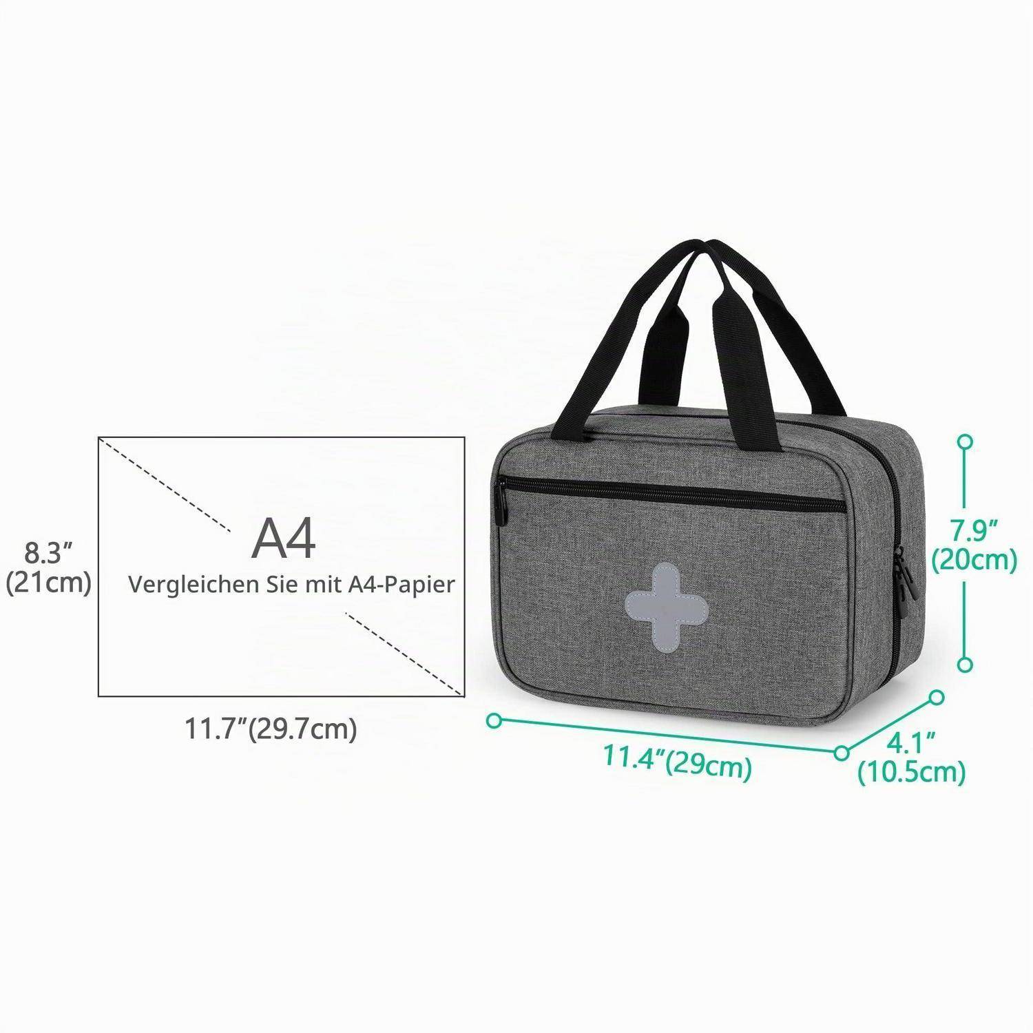 Graue isolierte Lunchbox mit Henkeln, neben einer A4-Papiergrößenreferenz gezeigt, mit Abmessungen von 11,4 x 8,3 x 4,1 Zoll.