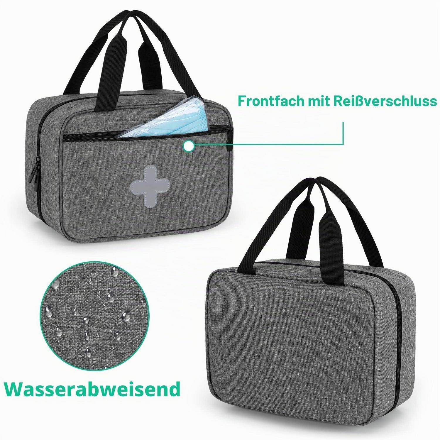 Graue medizinische Tragetasche im Stil einer Arztkasche mit Reißverschluss-Vordertasche und Griffen, geöffnet mit Inhalt dargestellt; Beschriftungen lauten „Frontfach mit Reißverschluss" und „Wasserabweisend"".