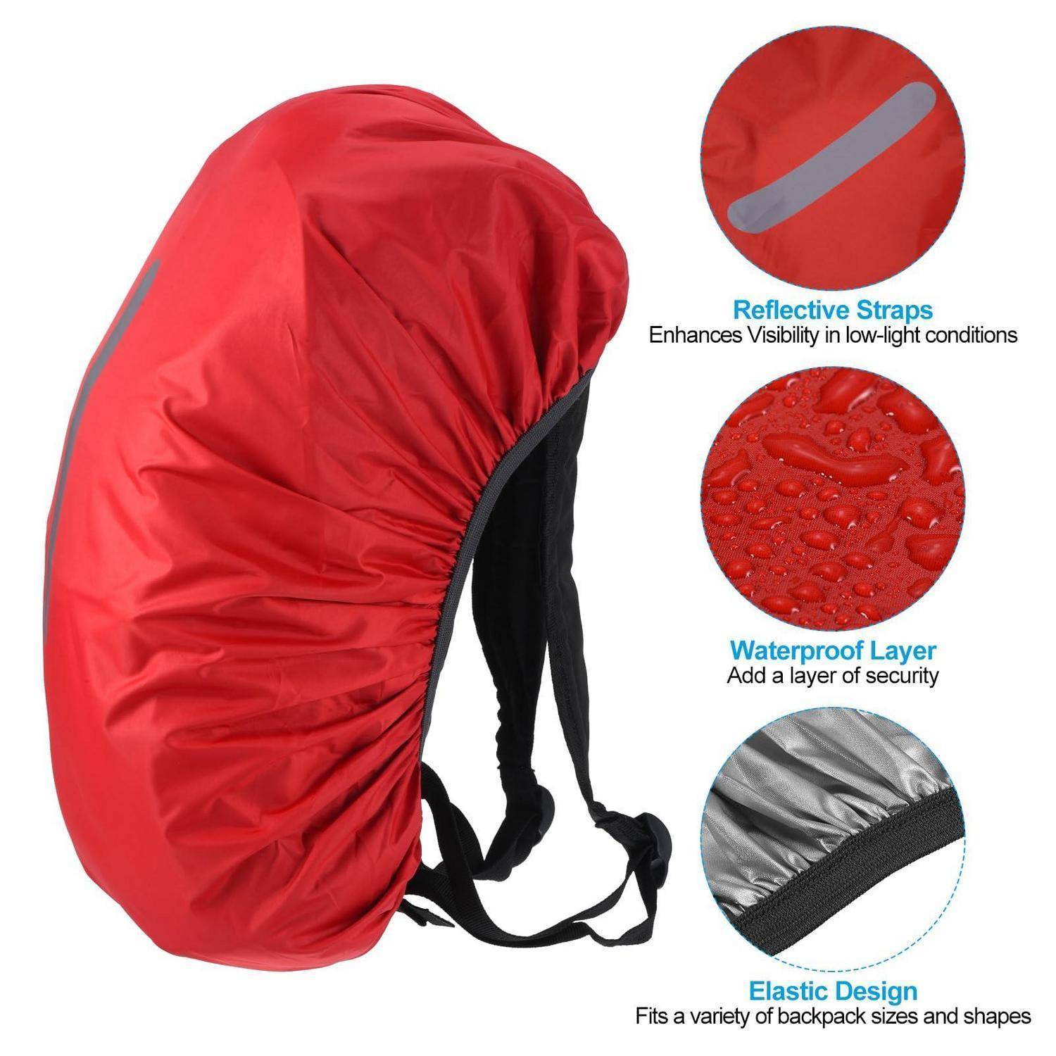 Rote Regenschutzhülle für einen Rucksack mit Riemen, gezeigt mit Beschriftungen für reflektierende Riemen, wasserdichte Schicht und elastisches Design für einen sicheren Sitz.