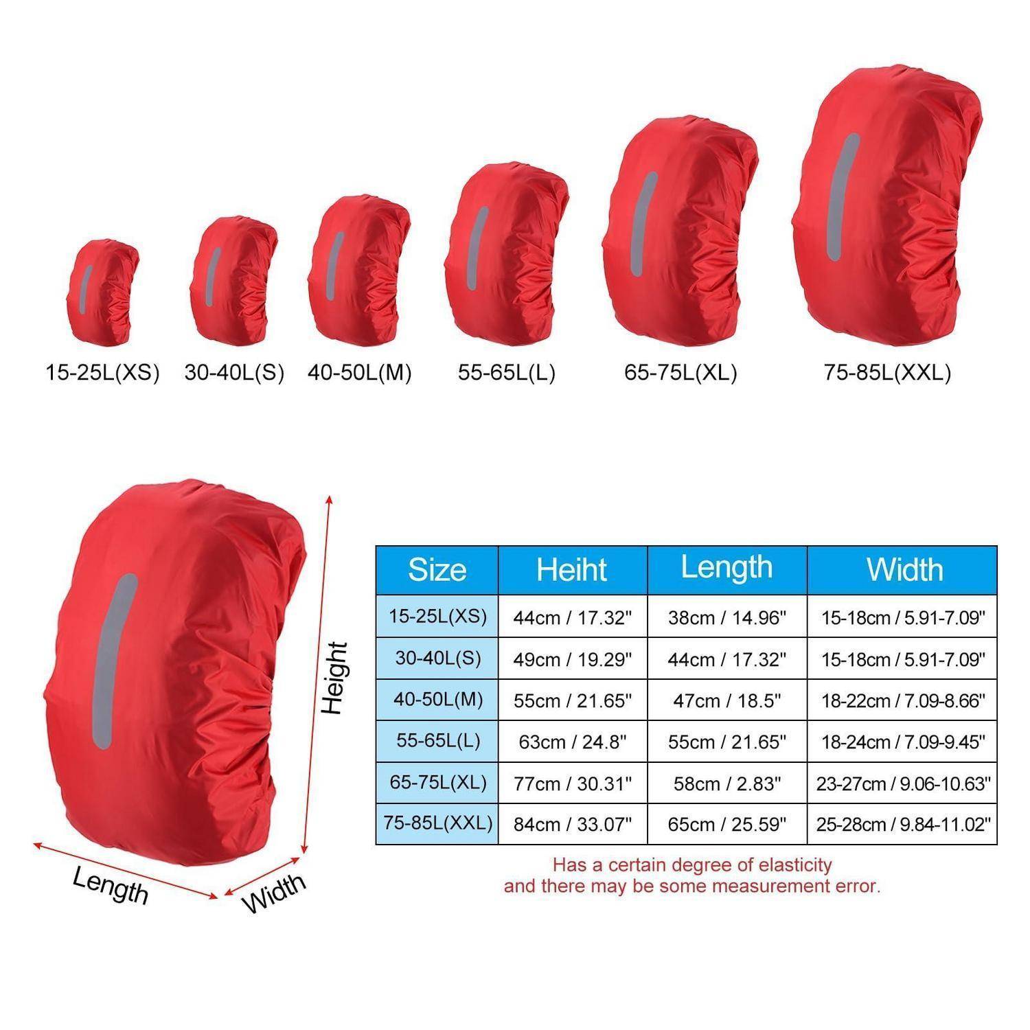 Größentabelle für rote Rucksack-Regenschutzhüllen, die sechs Größen von 15–25L (XS) bis 75–85L (XXL) mit Angaben zu Höhe, Länge und Breite zeigt.
