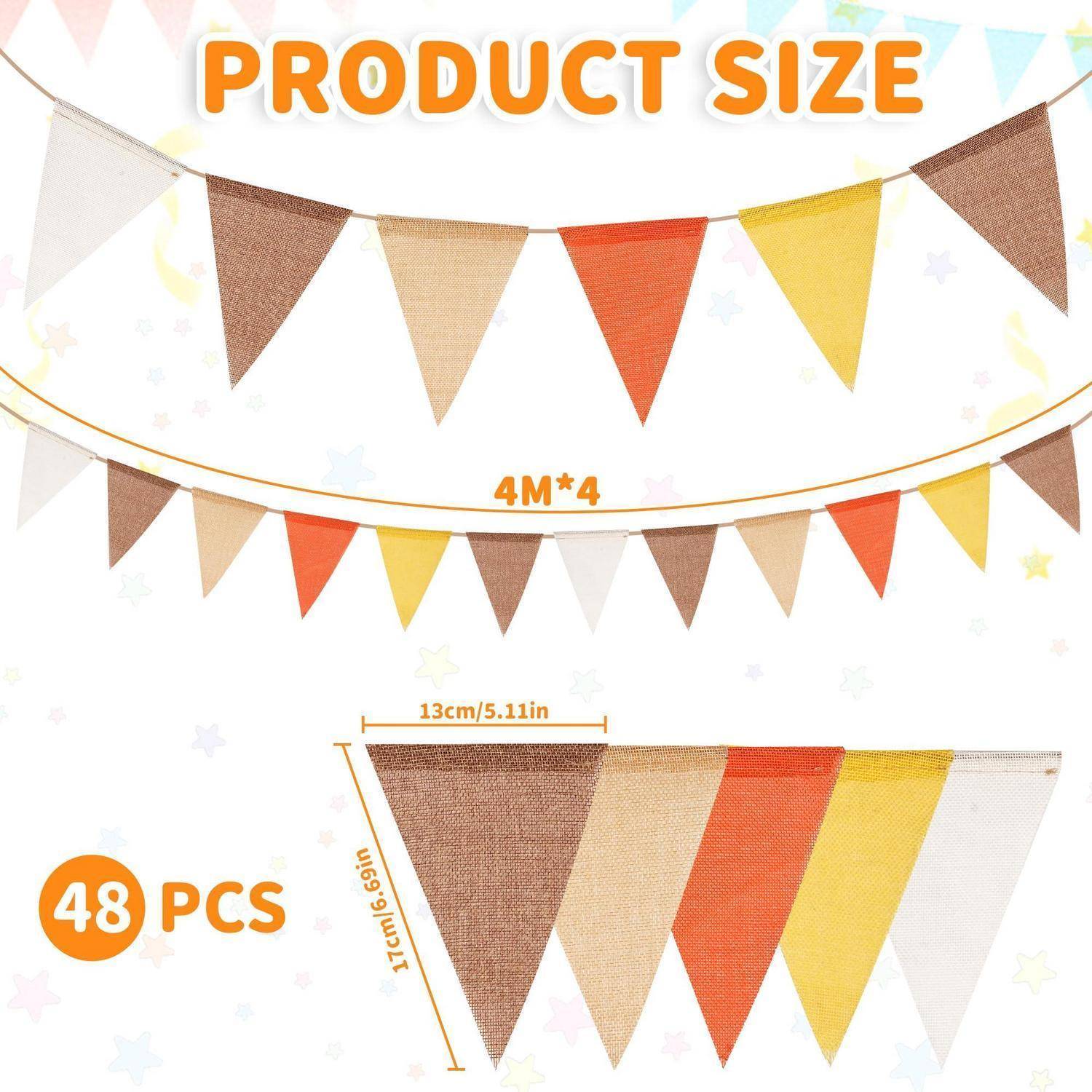 Produktgrößen-Grafik mit einer Wimpelgirlande: 4 m x 4 m, 48 Stück, jeder Wimpel 13 cm breit und 21 cm lang.