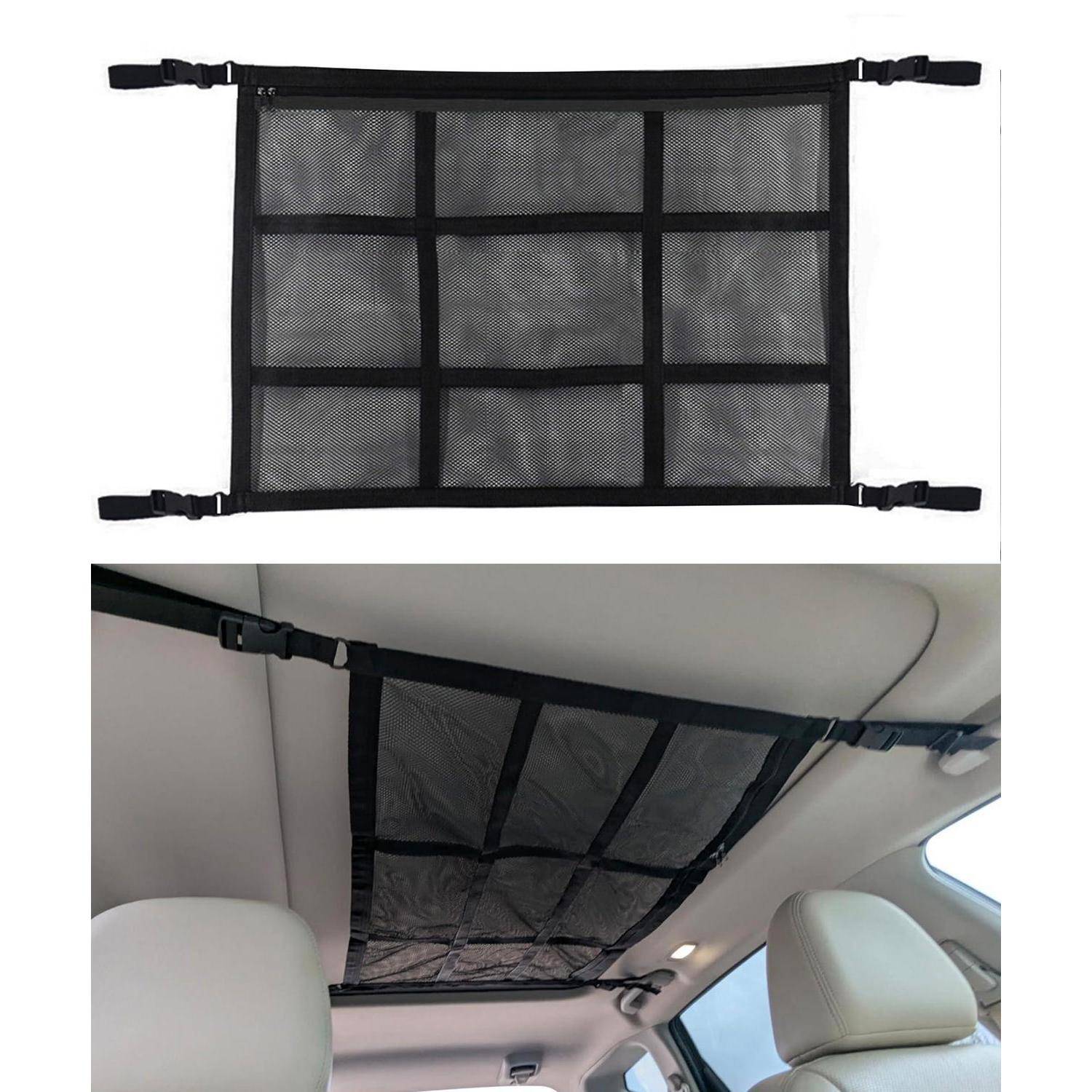 Schwarzes Mesh-Autolastnetz mit verstellbaren Riemen, flach dargestellt und an der Fahrzeugdecke installiert zum Halten von Gegenständen oben.