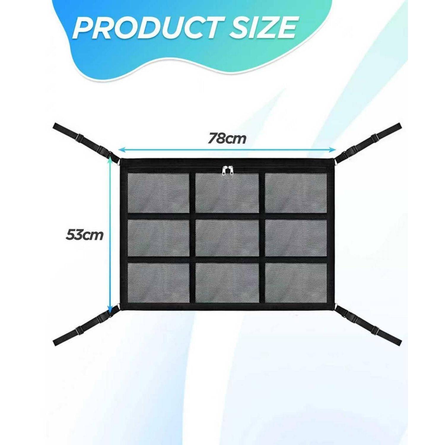 Größendiagramm eines schwarzen Mesh-Panels mit neun Abschnitten, das eine Breite von 78 cm und eine Höhe von 53 cm zeigt.