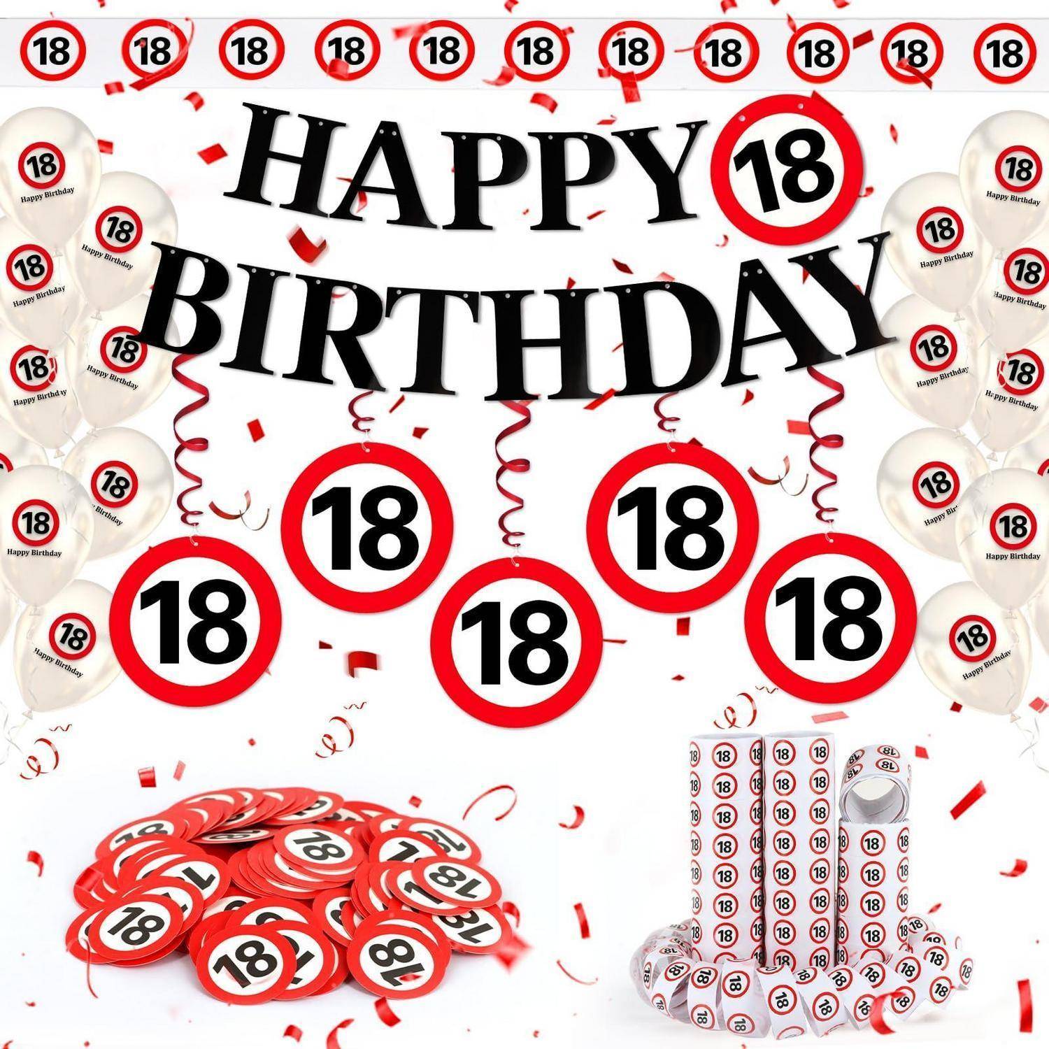 Glückwunsch zum 18. Geburtstagsfest-Grafik mit roten und weißen Ballons, Konfetti und vielen „18