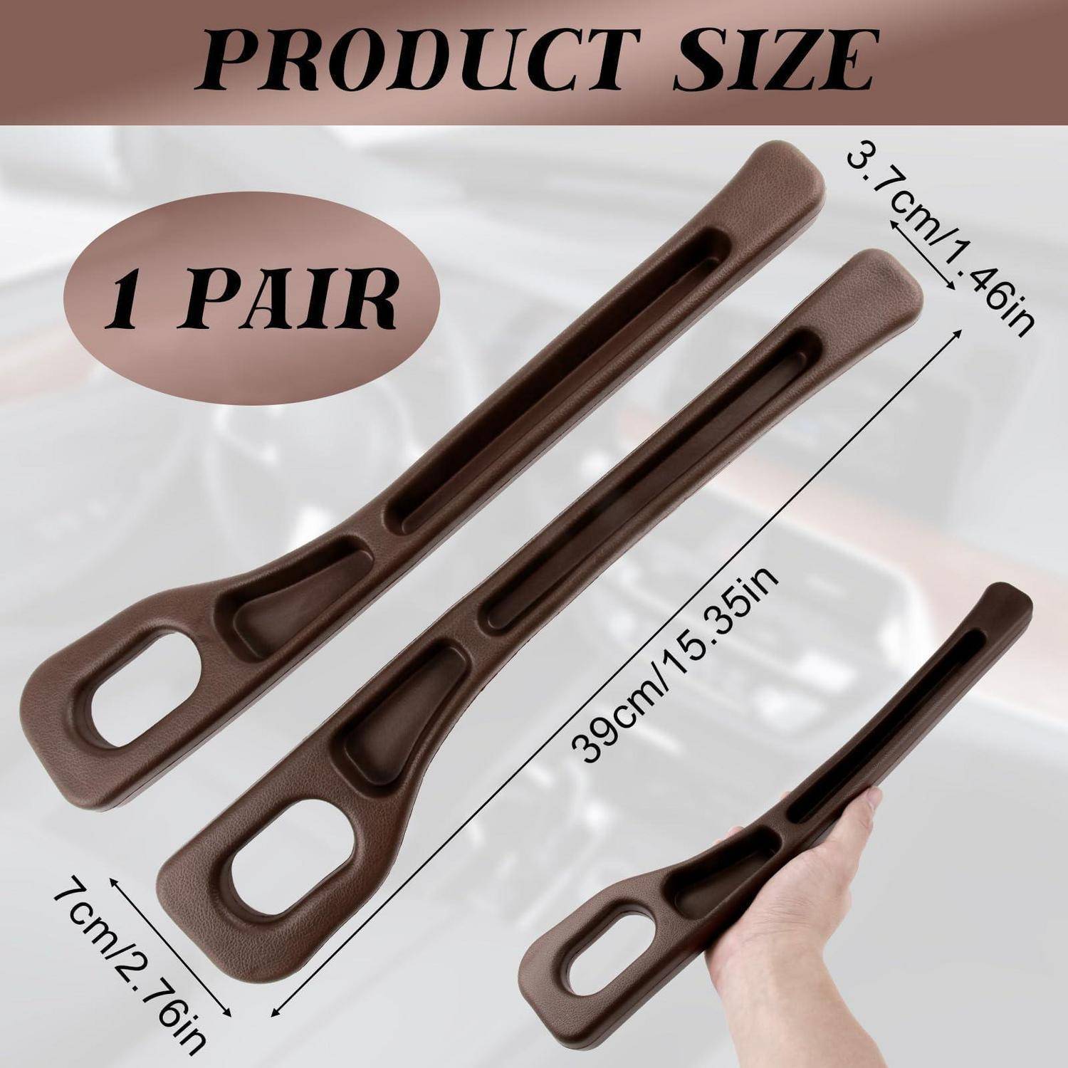 Produktgrößen-Diagramm zeigt 1 Paar braune Schuhlöffel, etwa 39 cm lang, 7 cm breit und 3,7 cm Griffbreite, mit einer Hand, die einen zum Größenvergleich hält.