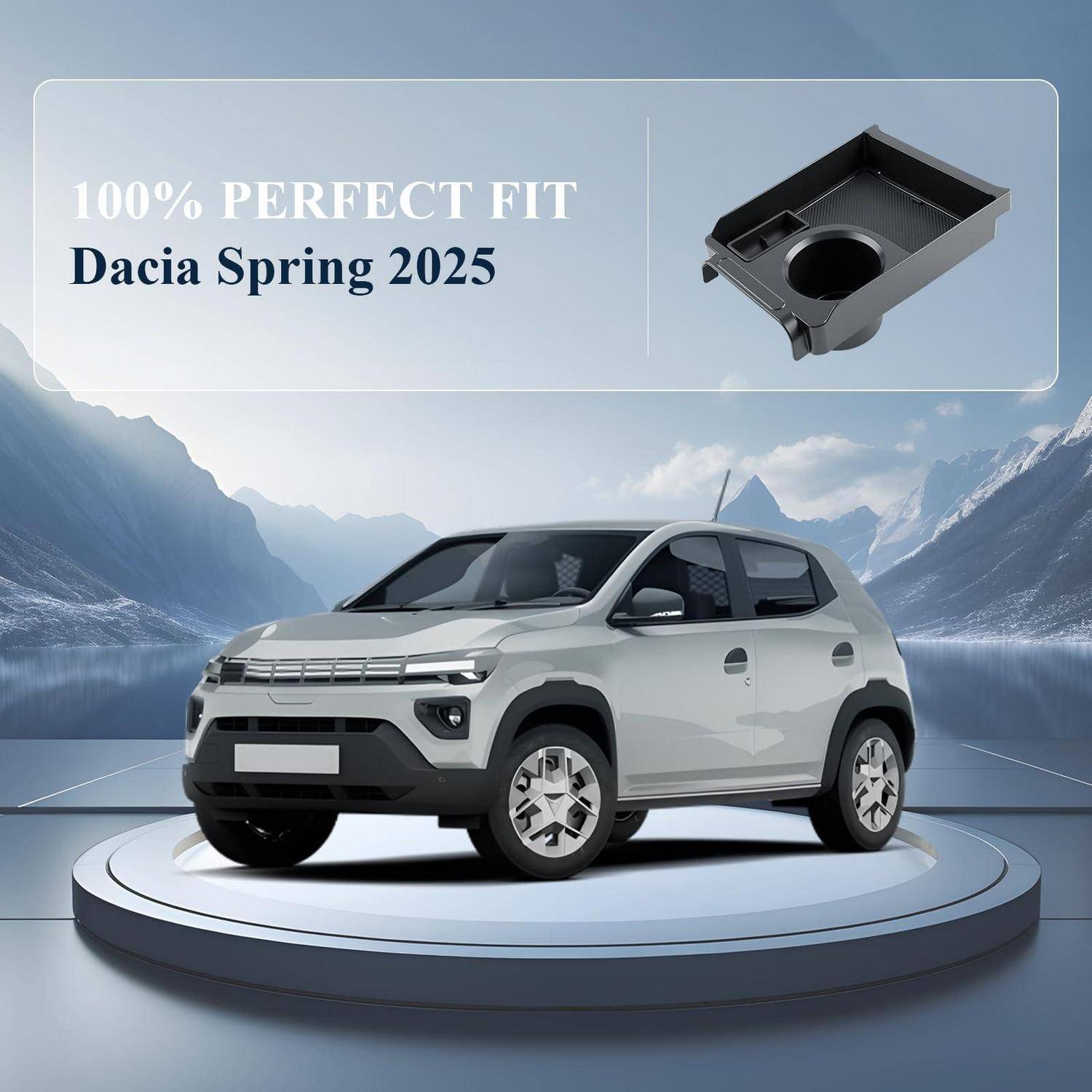 Anzeige für ein Dacia Spring 2025 Autozzubehör, das eine schwarze Tablett-Einlage und das Auto auf einer Anzeigeplatform mit dem Text 