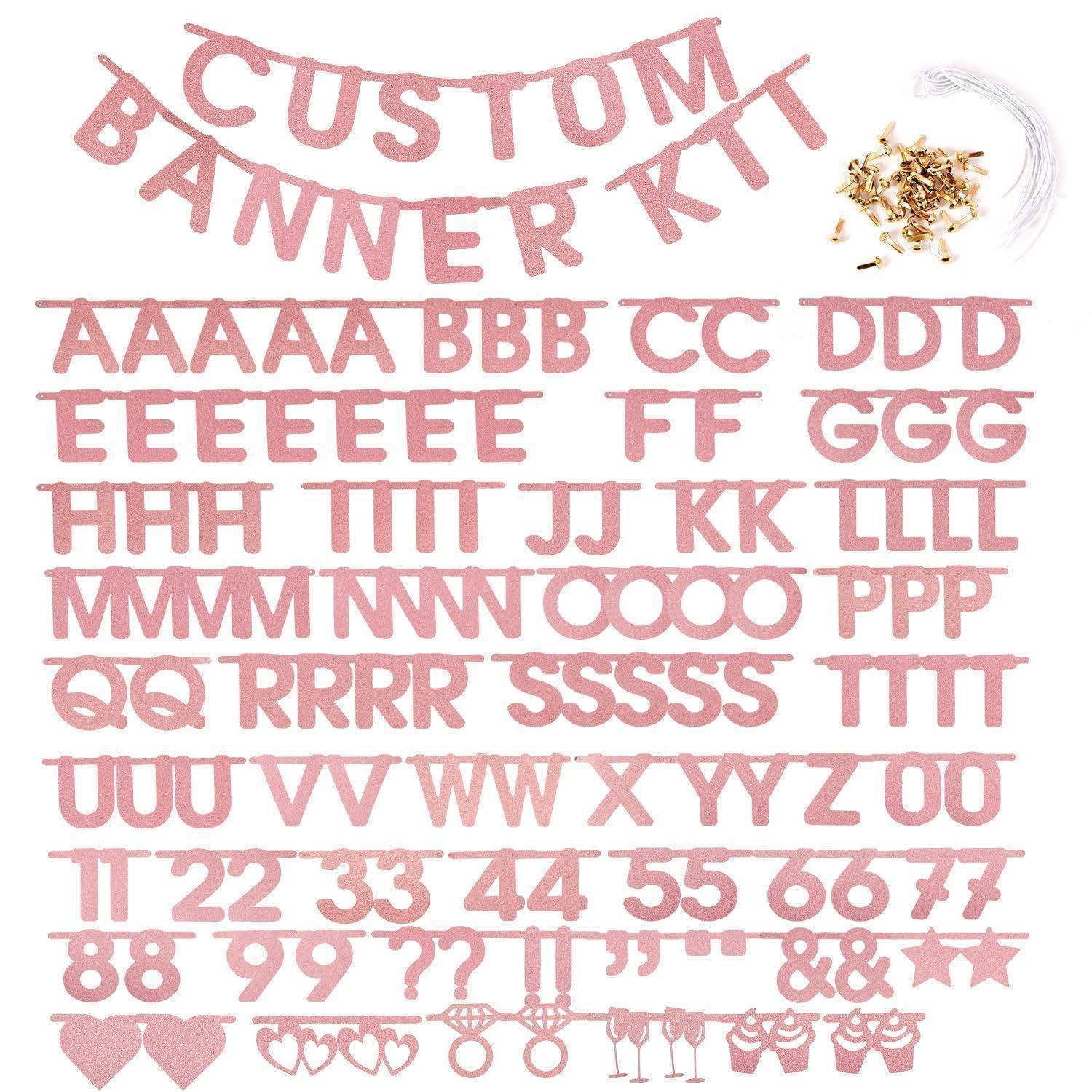 Rosa individuelles Banner-Set mit Buchstaben-Wimpeln für A-Z, Ziffern 0-9 und Symbole wie Herzen, Sterne, Kaufmännisches Und-Zeichen und Ausrufezeichen.