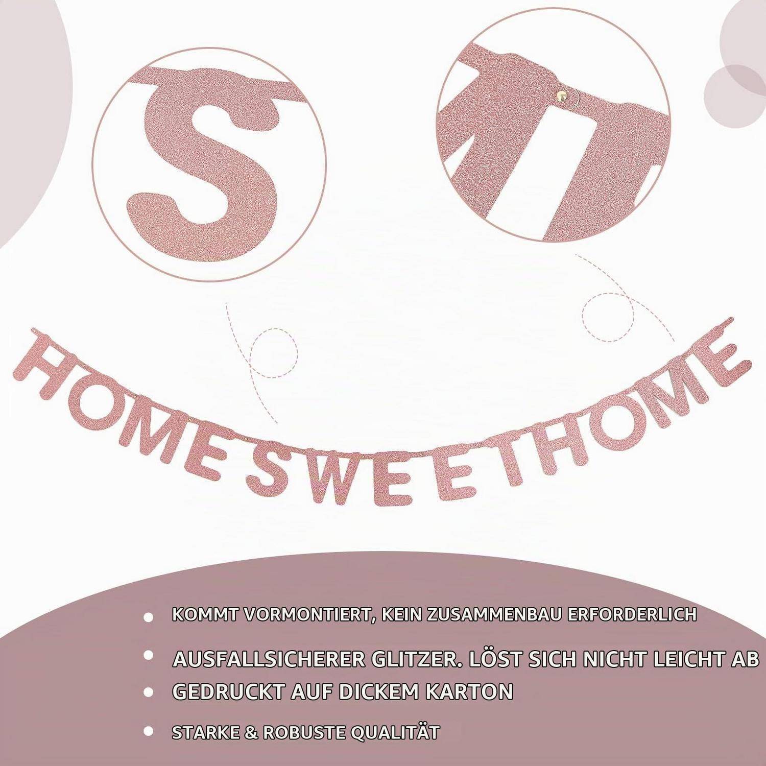Rosa glitzernde „HOME SWEET HOME" Wimpelkette mit zwei kreisförmigen Nahaufnahmen von Buchstabendetails und deutschem Funktionstext über vormontierte, haltbare Pappe.