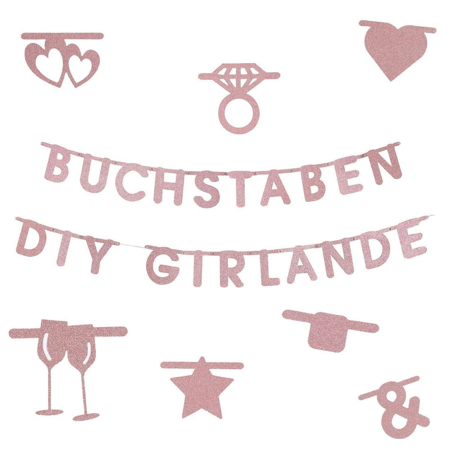Rosa glitzernde ausgeschnittene Formen und Girlanden-Buchstaben, die "BUCHSTABEN"" und ""DIY GIRLANDE"" buchstabieren, mit Herzen, Ring, Brille, Stern und Kaufmannsund.
