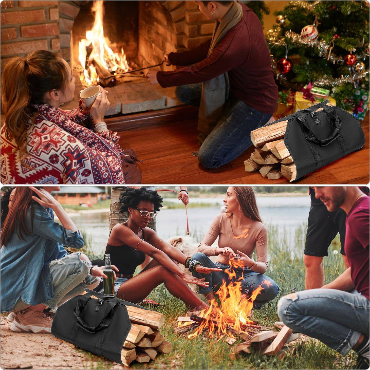Collage, das einen schwarzen Feuerholz-/Baumstammträger zeigt: oben, Menschen, die neben einem Kamin mit gestapelten Holzscheiten und einem Weihnachtsbaum genießen; unten, Freunde, die sich um ein Lagerfeuer am Seeufer versammelt haben.