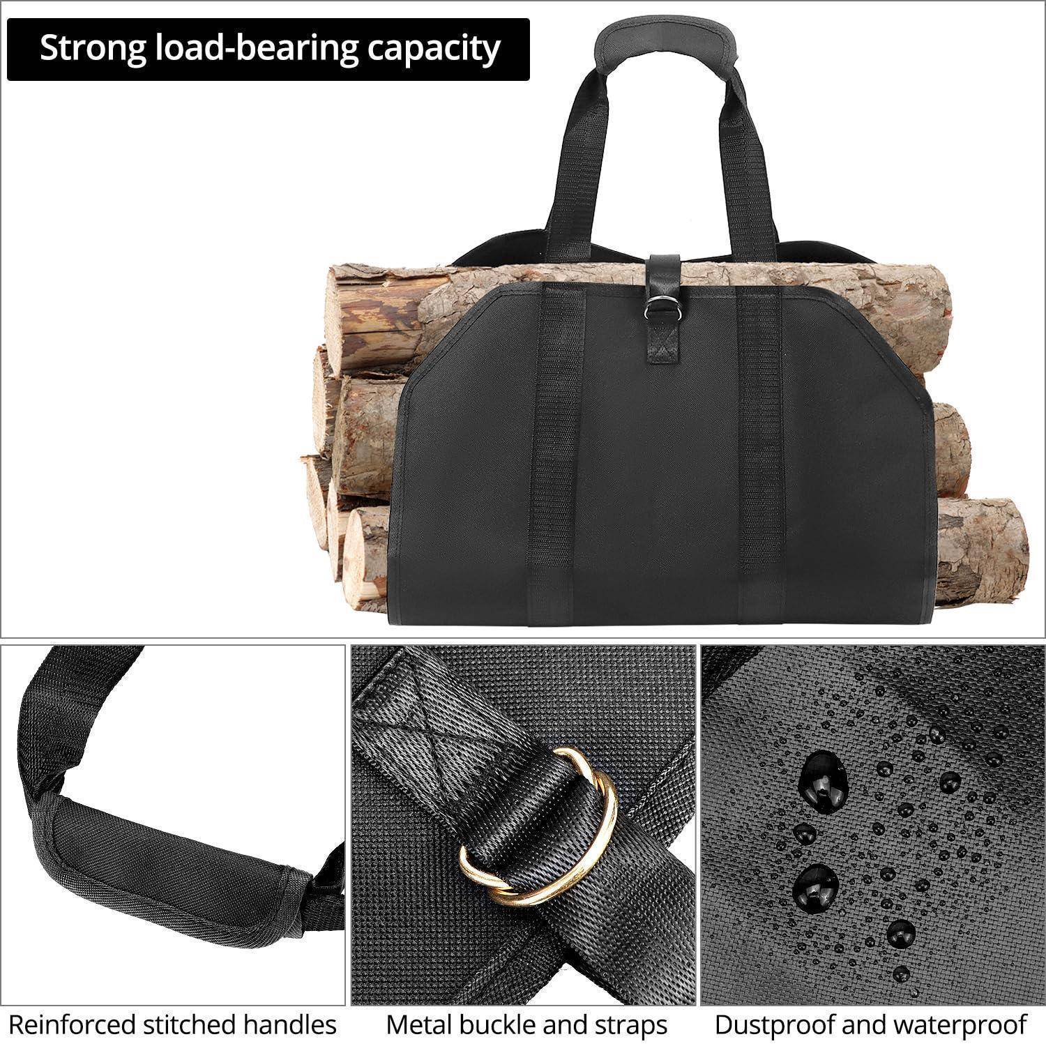Schwarze Holztragestasche mit verstärkten Griffen, Metallschnalle und wasserbeständigem Stoff; Nahaufnahmen zeigen Haltbarkeitsfunktionen.