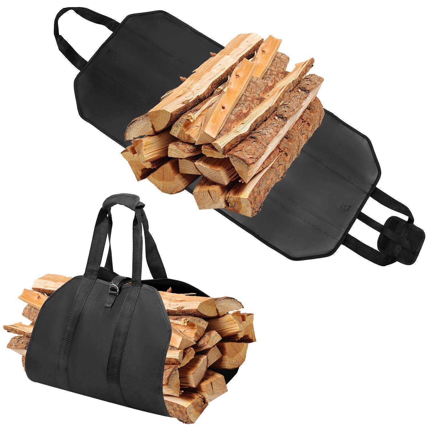 Schwarze Klapptrage für Brennholz, beladen mit gespaltenen Holzscheiten, gezeigt in offener und zusammengeklappter Position zur Demonstration von Verwendung und Lagerung.
