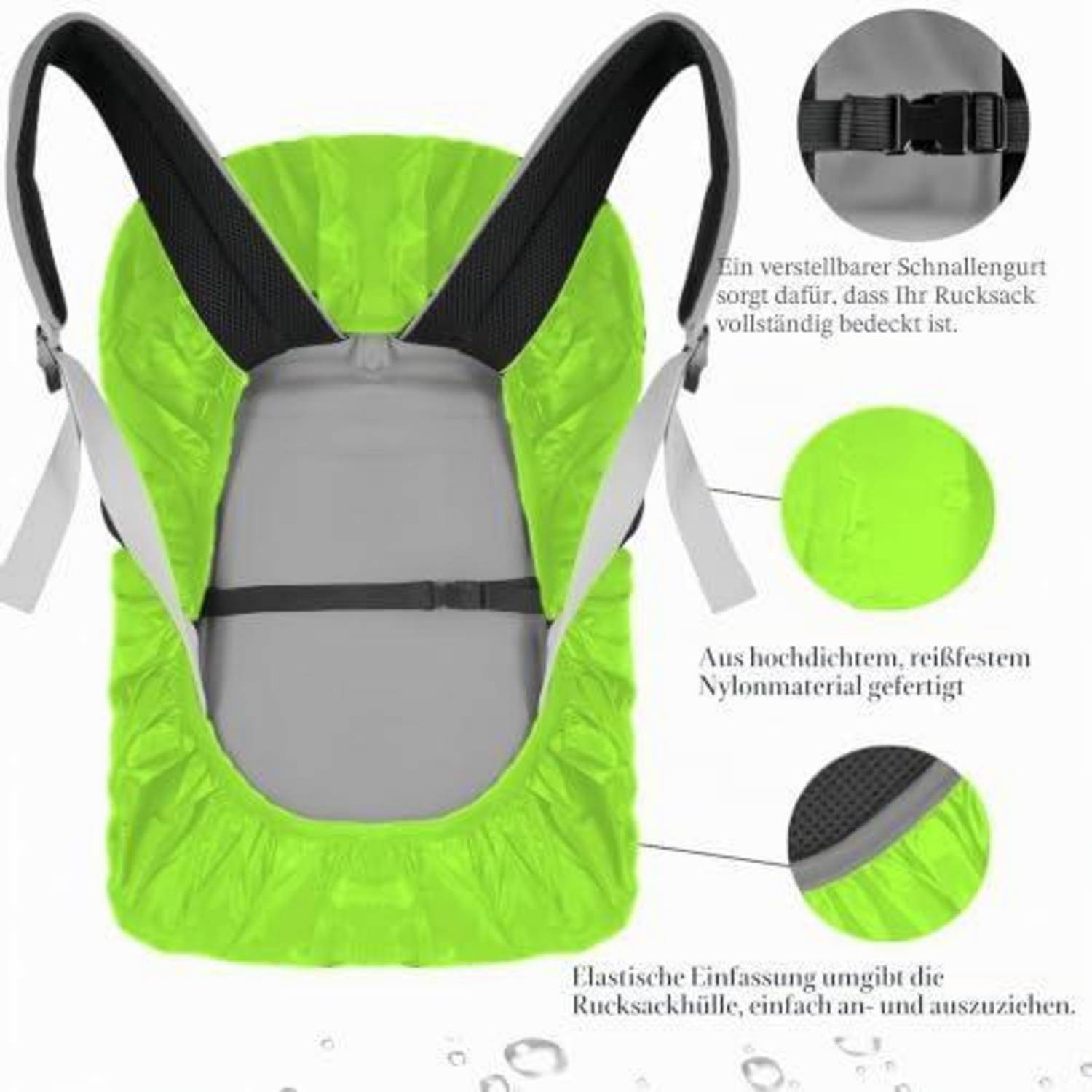 Helles grünes Rucksack-Regenschutz mit elastischen Kanten und verstellbarem Schnallengurt, gezeigt mit Nahaufnahmen, die das wasserdichte Nylonmaterial und die Passform hervorheben.
