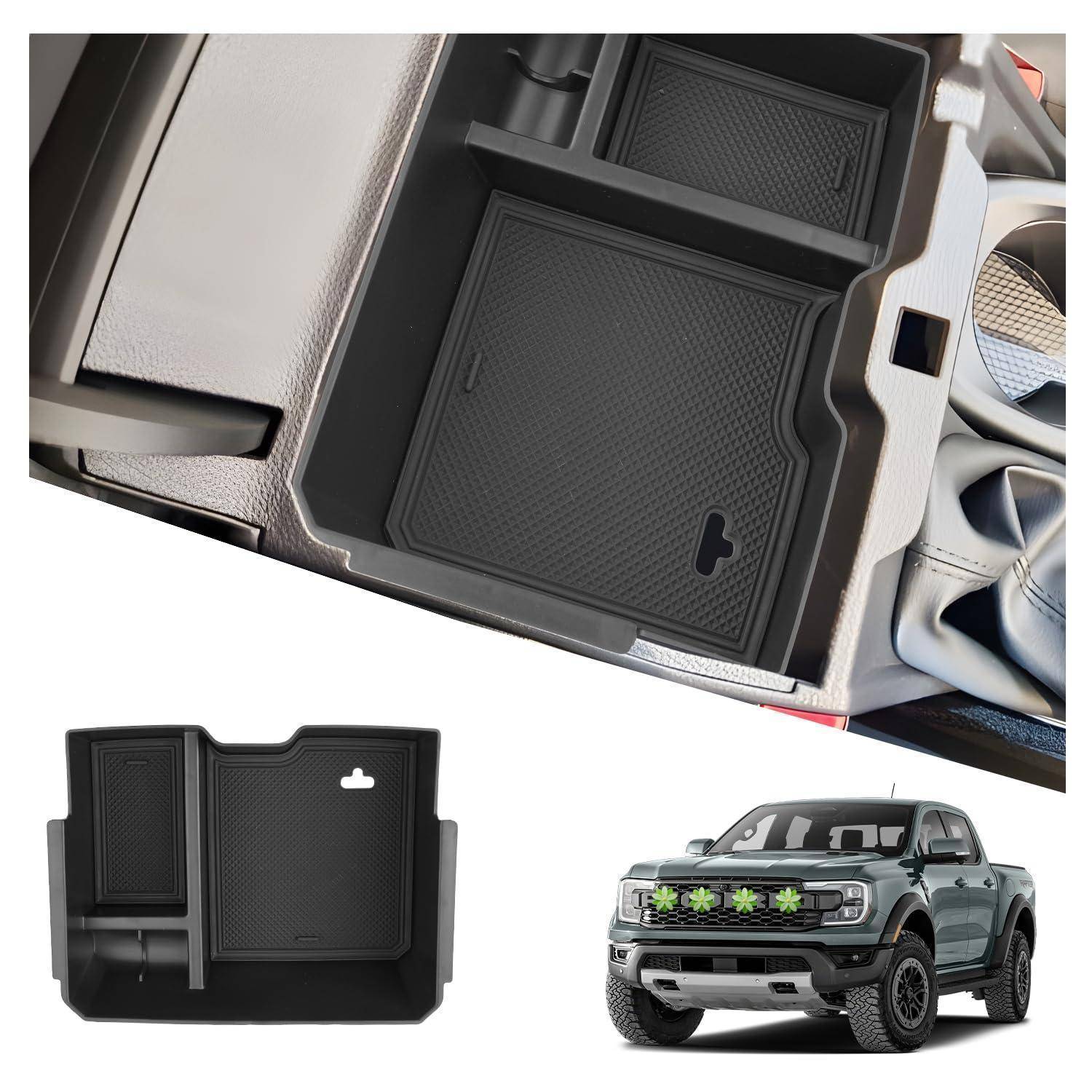 Schwarzes geformtes Mittelkonsolen-Organizer-Tablett als Einsatz für einen Pickup-Truck, gezeigt eingebaut in der Konsole und als eigenständiges Produkt mit einem Truck-Bild.