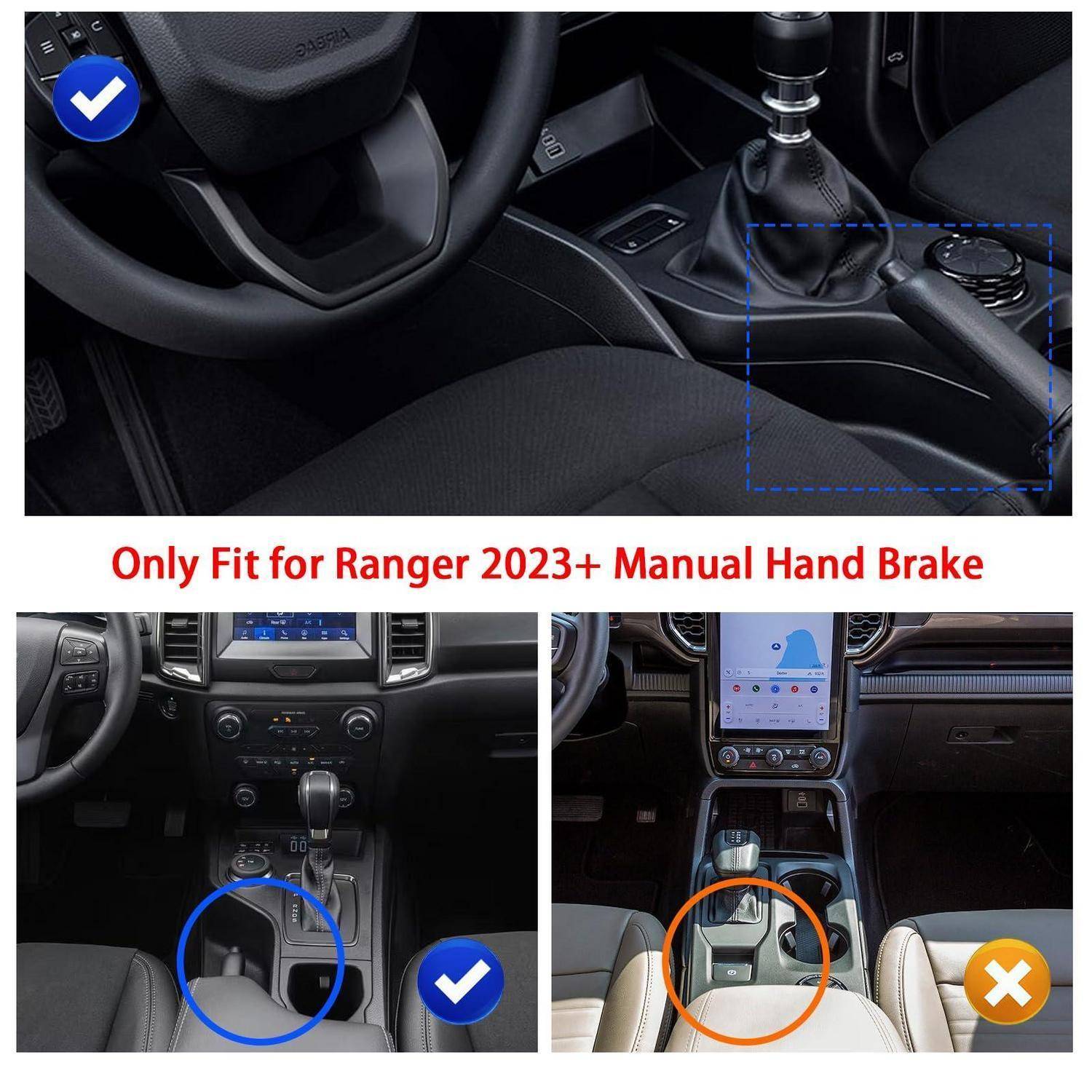 Automobilinnnenraum mit manueller Handbremse; Der Text besagt "Nur geeignet für Ranger 2023+ manuelle Handbremse"" und vergleicht die korrekte und fehlerhafte Mittelkonsolenmontage.