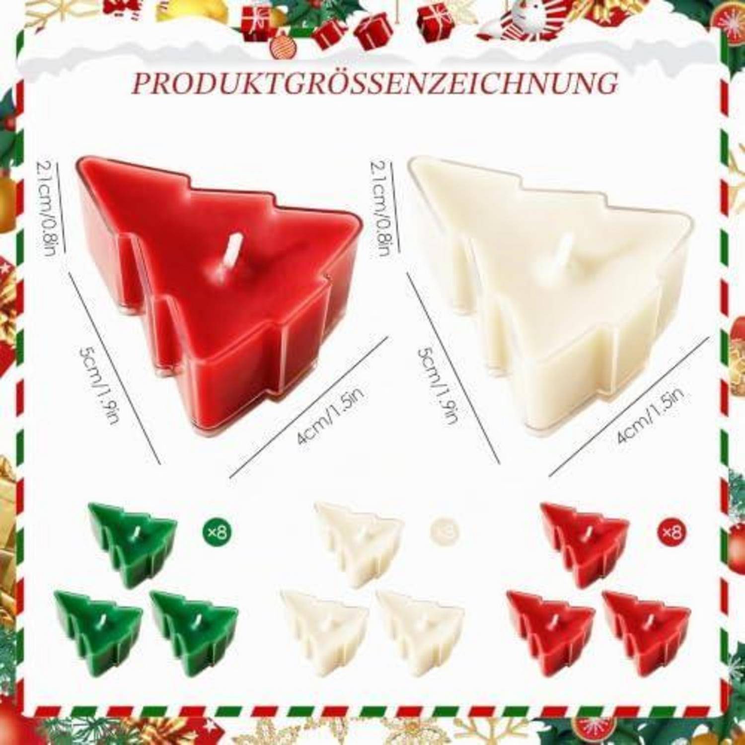 Größentabelle für Weihnachtsbaumform-Backform in Rot und Weiß, Abmessungen 21 cm × 5 cm × 4 cm, mit Mengenaufschlüsselung 8er-Pack.