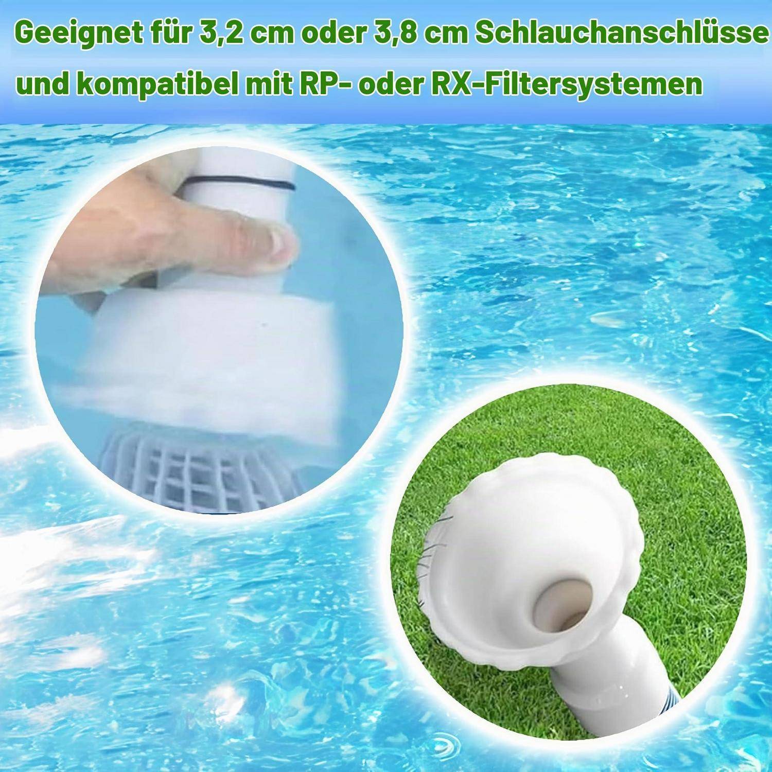 Poolfilteradapter, gezeigt mit Nahaufnahmen einer Hand, die ihn an einen Schlauch anpasst, und dem weißen Stecker auf Gras. Der deutsche Text besagt, dass er auf 3,2 cm oder 3,8 cm Schlauchverbinder und RP- oder RX-Filtersysteme passt.