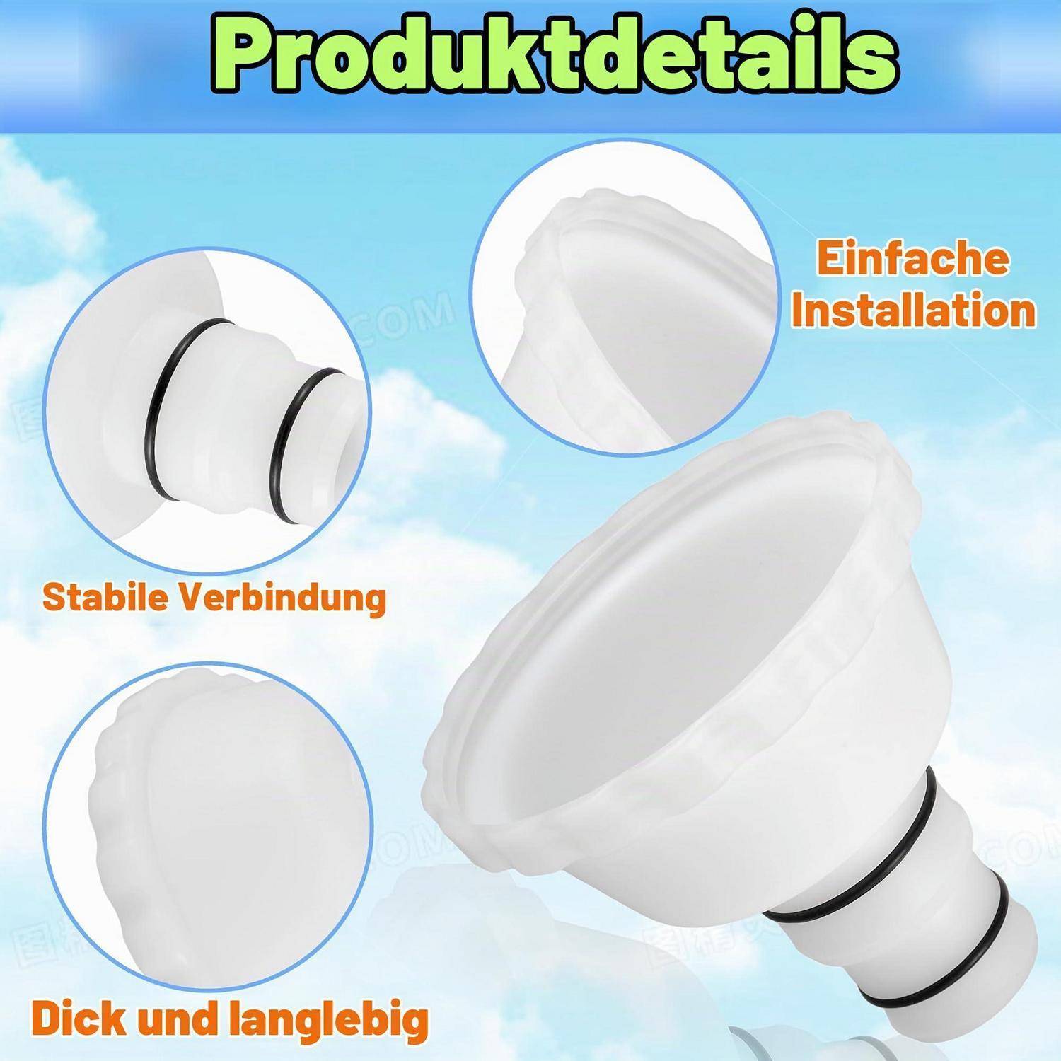 Produktdetailgrafik, die eine weiße Kunststoff-Verbindungsfitting zeigt, mit Beschriftungen für „Stabile Verbindung