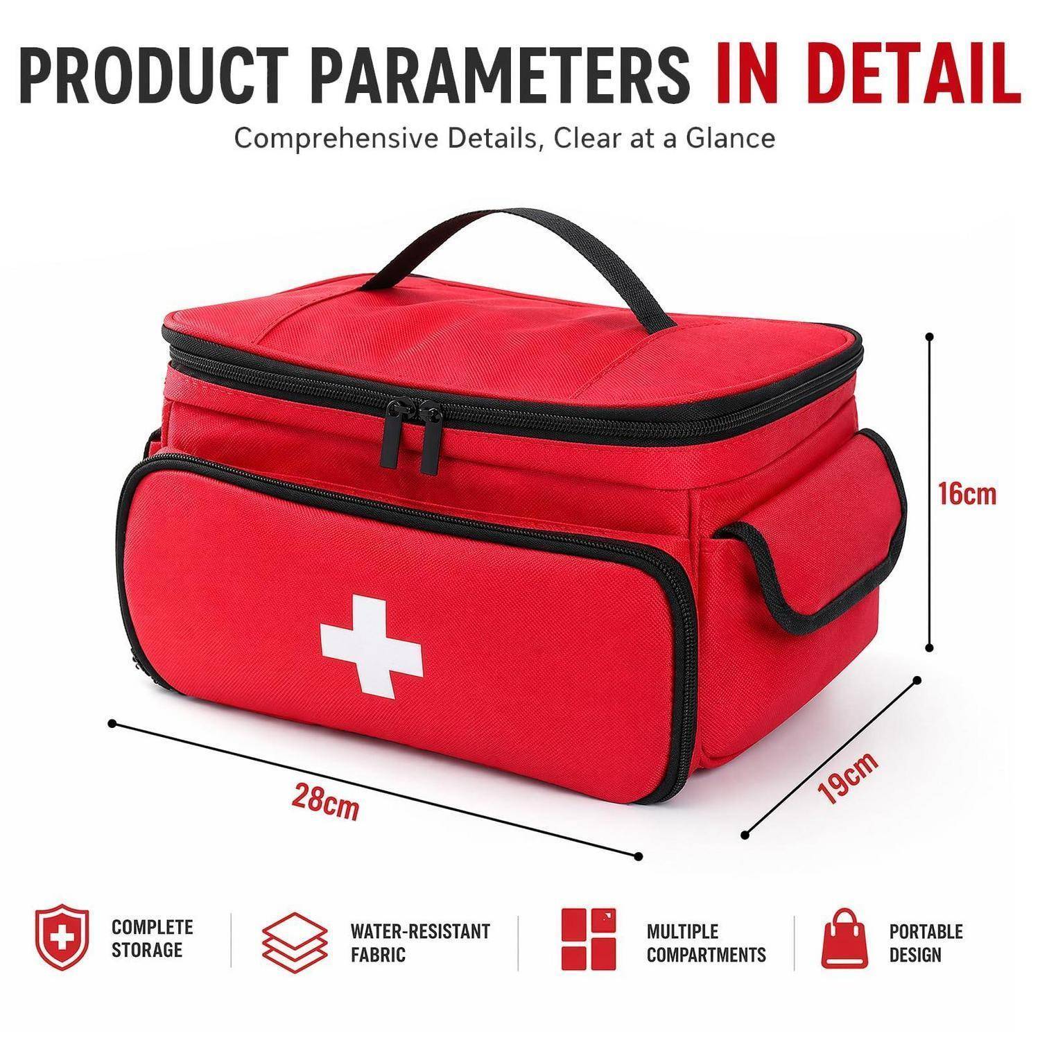 Rote medizinische Erste-Hilfe-Tasche Produktbild mit Abmessungen 28 cm breit, 19 cm tief, 16 cm hoch, zeigt wasserfestes Material, mehrere Fächer und tragbares Design.