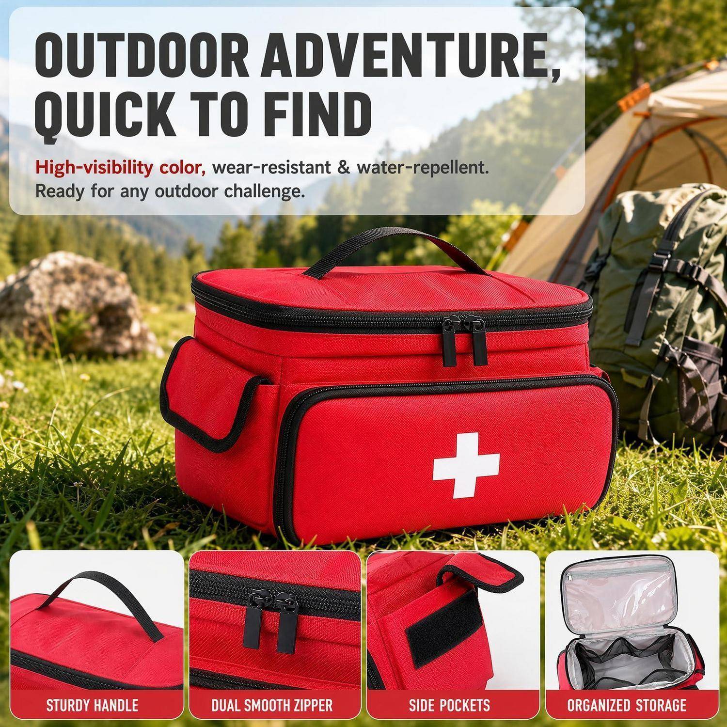 Rote Erste-Hilfe-/Gebrauchstasche für Outdoor mit Text, der hochsichtbares, verschleißfestes, wasserabweisendes Design und Features bewirbt: robuster Griff, doppelter Reißverschluss, Seitentaschen, organisierter Stauraum.
