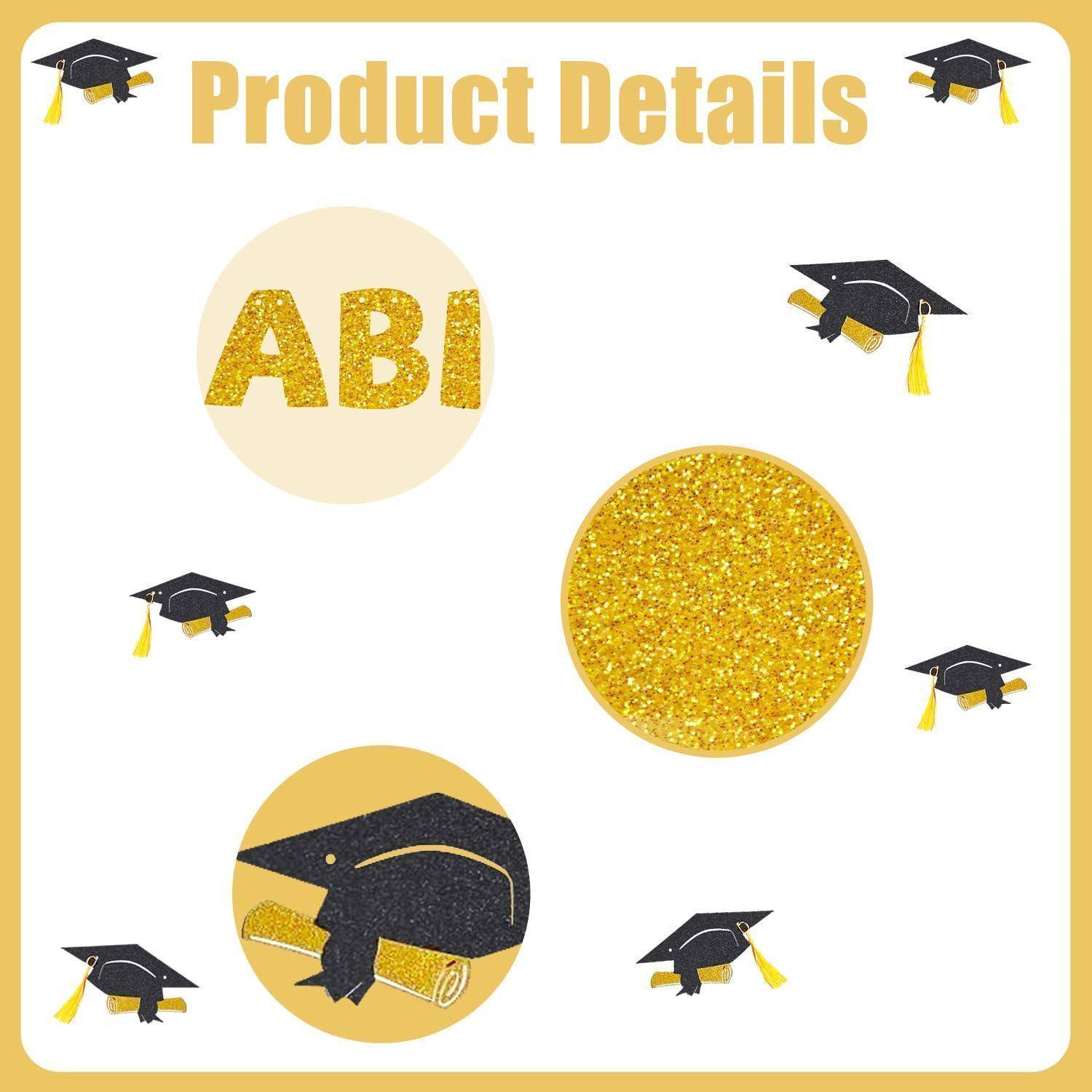 Produktdetail-Grafik für einen abiturthematischen Artikel, mit goldenen Glitzereffekten und einem cremefarbenen Kreis mit "ABI"", plus verstreuten Doktorhutikonen und einem Abitur-Mützensymbol.